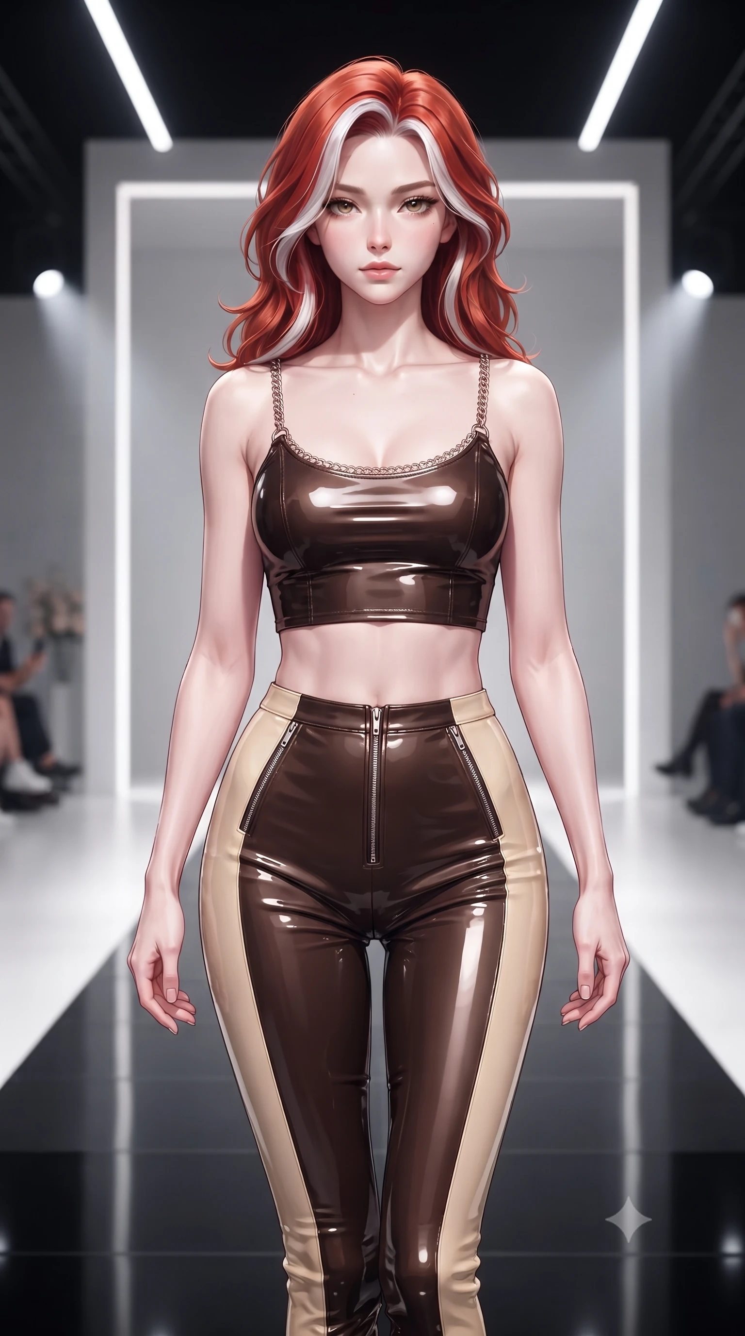 score_9, masterpiece, best quality, ultra-detailed, high-budget anime keyframe, editorial fashion photography, tasteful artistic composition, Caucasian woman. close-up cowboy shot from the waist and thighs up, the character dominates the composition, filling the frame with her large presence, background elements kept in soft focus. Leaning slightly forward with a composed, seductive gaze under soft glowing light walking down a reflective black runway surrounded by dramatic fashion spotlights, ultra-clean white architectural lines creating a minimalist high-end frame. She has an exceptionally elegant, slender, and willowy female figure with an ultra-slim waist, a gracefully sculpted slender torso, and a refined silhouette. sharp v-shaped jawline, high-bridge nose, intricate jewel-like eyes with depth, thick eyelashes, glossy lips with a natural sheen. wearing a glossy vinyl crop top and high-waist tailored leggings with sleek zippers in espresso brown and warm cream, tailored from high-gloss patent leather, adorned with delicate metallic chain straps along the neckline, the sleek second-skin texture accentuating her magnetic presence. bathed in bright white museum key light with sharp editorial side shadows. highly saturated vibrant anime colors, detailed shading with soft gradients, rich glossy textures, high-contrast stereoscopic depth, volumetric dynamic lighting, master piece, 9:16 ratio