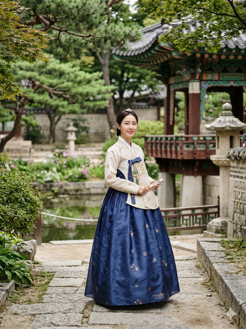 A beautiful woman in a traditional but modernized Hanbok, standing in a quiet palace garden, 2k, ultra detail, master piece, 3:4 ratio
