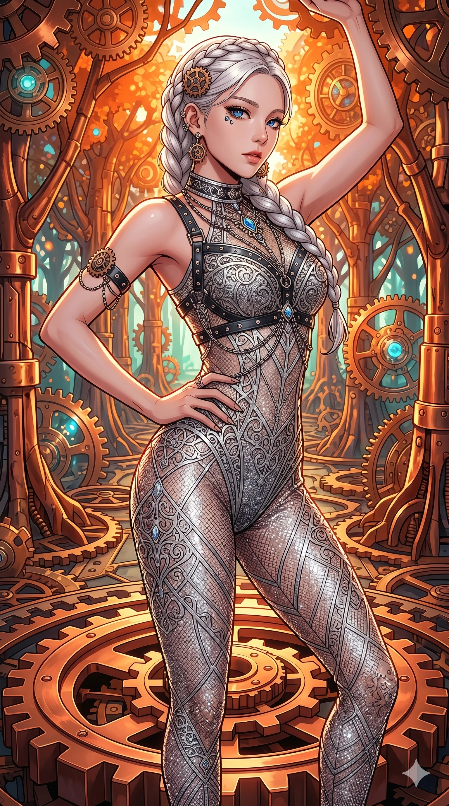 score_9, masterpiece, best quality, ultra-detailed, Set C: High-budget Anime Keyframe, Korean woman. Upper body close-up from the thighs up, character filling the screen for maximum presence. Standing on a giant gear in a clockwork forest. She has an absolutely perfect 8-heads proportion, an exceptionally tall and slender female figure with an slender waist and steampunk aesthetic. Sharp v-shaped jawline, high-bridge nose, intricate jewel-like eyes with depth, thick eyelashes, glossy lips. Wearing a K-Idol Stage outfit: decorative harness over a silver mesh bodysuit. Background is a bright and colorful forest with trees made of copper and gears, with vibrant orange light. 2k, ultra detail, master piece, 9:16 ratio