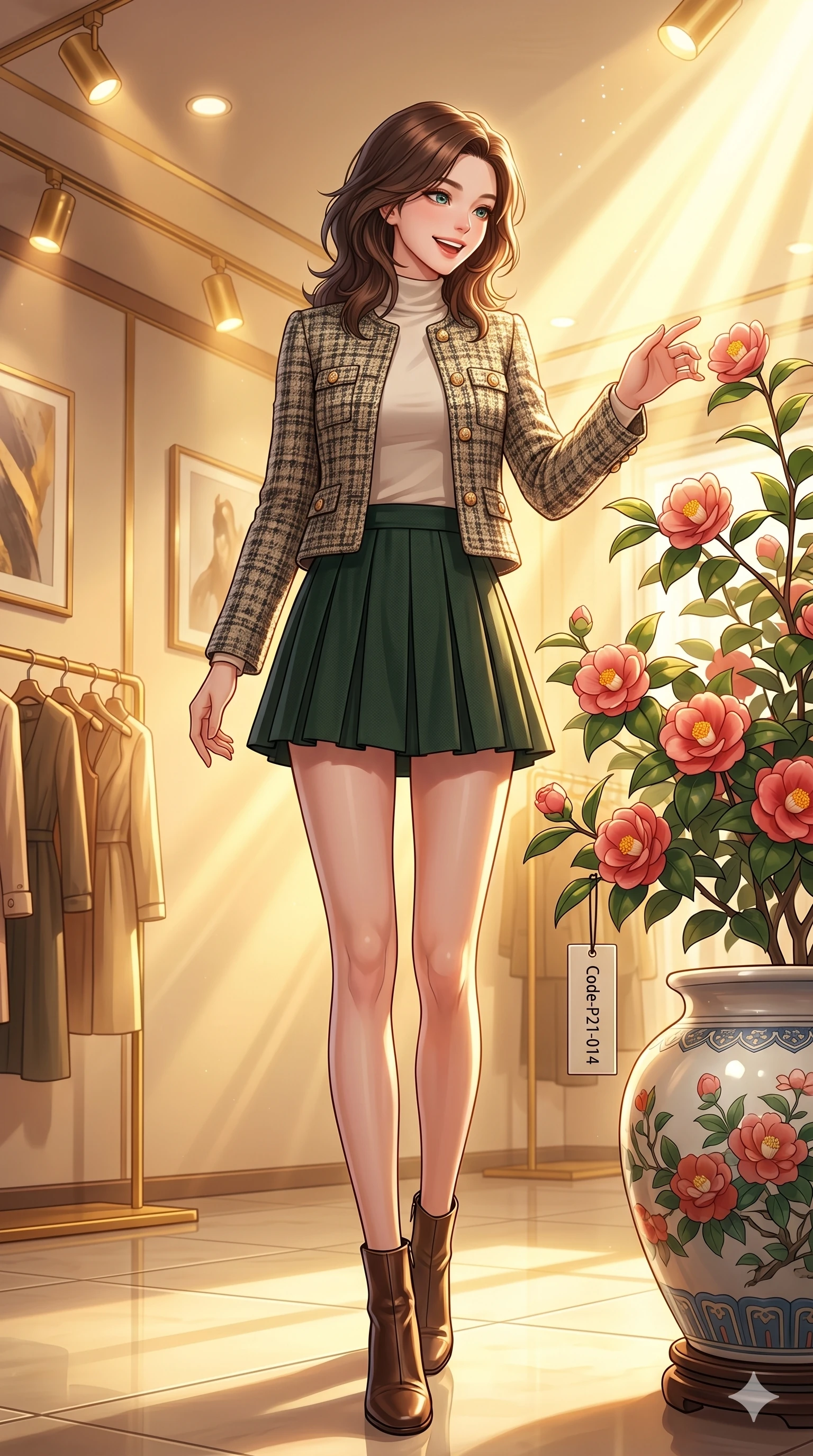 score_9, masterpiece, best quality, ultra-detailed, high-budget anime keyframe, vibrant anime aesthetic, Korean woman. low angle full-body shot from head to toe showing her feet, filling the entire 9:16 vertical frame with her statuesque presence, stretching her vertical silhouette. She is standing by a camellia pot, smiling brightly while reaching out a hand playfully inside a high-fashion winter showroom room with warm gold spotlights (Code-P21-014). She has an absolutely perfect 8-heads proportion, an exceptionally tall and slender female figure with impossibly long slender legs and an ultra-slim waist. V-shaped jawline, high-bridge nose, intricate jewel-like eyes with depth, thick eyelashes, glossy lips with a natural sheen. wearing a structured designer jacket over a high-neck cotton top and pleated skirt. She is illuminated by bright, direct sunbeams in a photography studio, creating clean outlines. 2k, ultra detail, master piece, 9:16 ratio