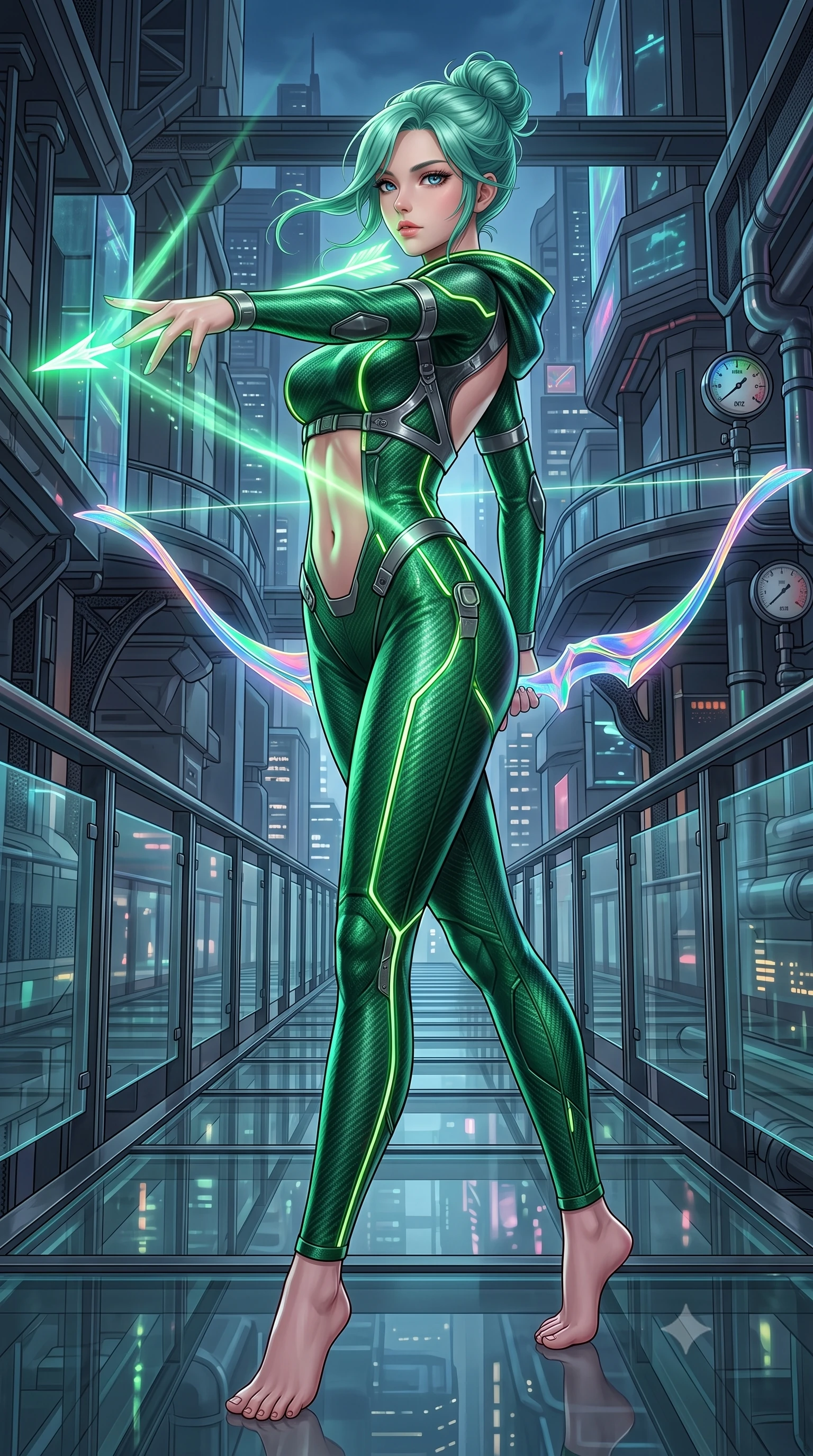 score_9, masterpiece, best quality, ultra-detailed, high-budget anime keyframe, semi-realistic 3D game render, editorial fashion photography, tasteful artistic composition, Japanese woman. low angle full-body shot from head to toe showing her feet, filling the entire 9:16 vertical frame with her statuesque presence, stretching her vertical silhouette. pivoting dynamically in mid-motion with a breathtakingly alluring posture, displaying her flawless model proportions, toned flat midriff, and ultra-slim waist while pivoting dynamically as a pure photon arrow forms in her fingers, casting radiant green light across her sculpted flat midriff. The surrounding environment is rendered in vivid detail and crisp panoramic clarity. intricate carbon armor joint mesh, glass bridge reflections, and coolant pipe pressure gauges in high resolution. She has an absolutely perfect, statuesque 8.5-heads proportion, an exceptionally tall and slender model-like female figure with impossibly long slender legs, a toned flat midriff, and an ultra-slim waist. sharp v-shaped jawline, high-bridge nose, intricate jewel-like eyes with depth, thick eyelashes, glossy lips with a natural sheen, flawlessly proportioned anatomical accuracy, strict slender model proportions, natural body alignment, perfectly sculpted long slender limbs, ultra-slim waistline, clean dynamic posture without body distortion. wearing a tailored emerald-green carbon-fiber tactical jumpsuit with glowing lime LED channels and an open cowl back, drawing a floating holographic photon energy bow with supreme grace in high-gloss iridescent rainbow carbon with prism holographic sheen, made of liquid carbon-jersey fabric adhering flawlessly to her sculpted silhouette, reinforced by a sleek titanium tactical harness and glowing micro-energy straps, the glove-like aerodynamic second-skin fit tightly clinging to her ultra-slender waist and athletic curves without adding bulk, accentuating her razor-sharp statuesque lines and slim hourglass silhouette. surrounded by a sacred, mystical, and breathtakingly powerful high-tech archer goddess atmosphere. rich saturated anime colors with glowing neon highlights, detailed shading with soft gradients, rich glossy textures, high-contrast stereoscopic depth, volumetric dynamic lighting, master piece, 9:16 ratio