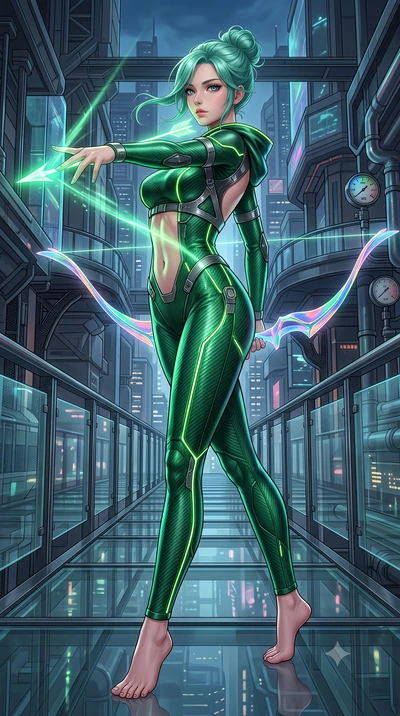 score_9, masterpiece, best quality, ultra-detailed, high-budget anime keyframe, semi-realistic 3D game render, editorial fashion photography, tasteful artistic composition, Japanese woman. low angle full-body shot from head to toe showing her feet, f