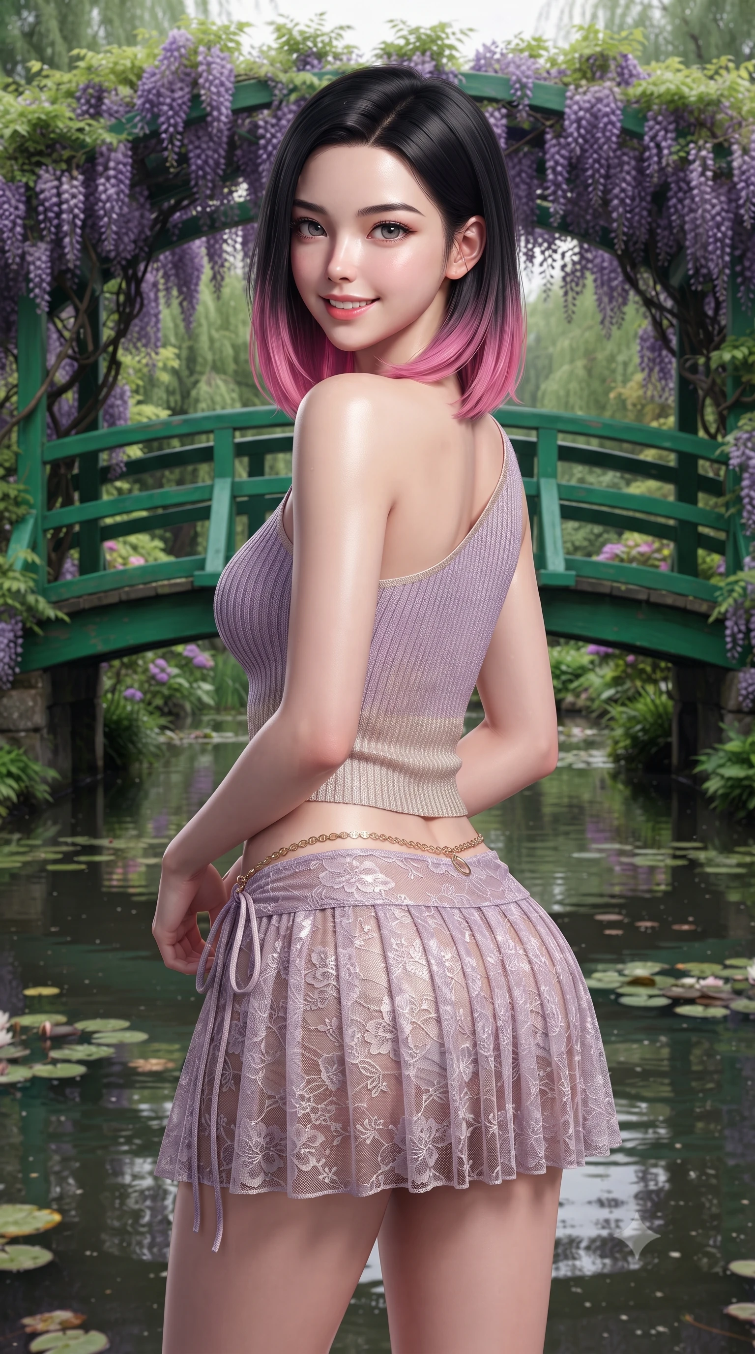 score_9, masterpiece, best quality, ultra-detailed, high-budget anime keyframe, editorial fashion photography, tasteful artistic composition, Korean woman. close-up cowboy shot from the waist and thighs up, the character dominates the composition, filling the frame with her large presence. posing in an alluring rear three-quarter angle, turning over a bare shoulder with an intoxicating cute smile, her hips cocked back to highlight her slim hourglass curve while pausing gracefully at the center of the iconic green arched wooden bridge draped in wisteria, arching her back with an enchanting, bright cute smile. The surrounding environment is rendered in vivid detail and crisp panoramic clarity. sharp carved wooden bridge plank textures, water lily pad caustics, and wisteria petal details in deep focus. She has an exceptionally elegant, slender, and willowy female figure with an ultra-slim waist, flat toned midriff, narrow ribcage, and sculpted feminine hips creating an alluring, slim hourglass silhouette without bulk. sharp v-shaped jawline, high-bridge nose, intricate jewel-like sparkling eyes with depth, thick eyelashes, glossy parted lips with a natural peach sheen, bright cheerful beaming smile with an enchanting and coquettish sensual glint, exuding both youthful cute charm and seductive allure, flawlessly proportioned anatomical accuracy, strict slender model proportions, natural body alignment, perfectly sculpted long slender limbs, ultra-slim waistline, clean dynamic posture without body distortion. wearing an asymmetrical one-shoulder ribbed top paired with a micro-pleated skirt with side hip ties in soft lilac and champagne shimmer, made of sheer contouring stretch lace with delicate floral patterns, accented with a delicate gold chain belt resting loosely on her curvy hips, the form-fitting cut adhering flawlessly to her sculpted flat midriff and slender torso, emphasizing her long leg lines and perfectly proportioned willowy build. illuminated by calm pond surface specular reflections sharply defining her razor-sharp jawline, narrow waist, and curvy hips. ultra-reflective glossy finish, specular highlights, rich textural contrasts, high-contrast stereoscopic depth, volumetric dynamic lighting, 2k, ultra detail, master piece, 9:16 ratio