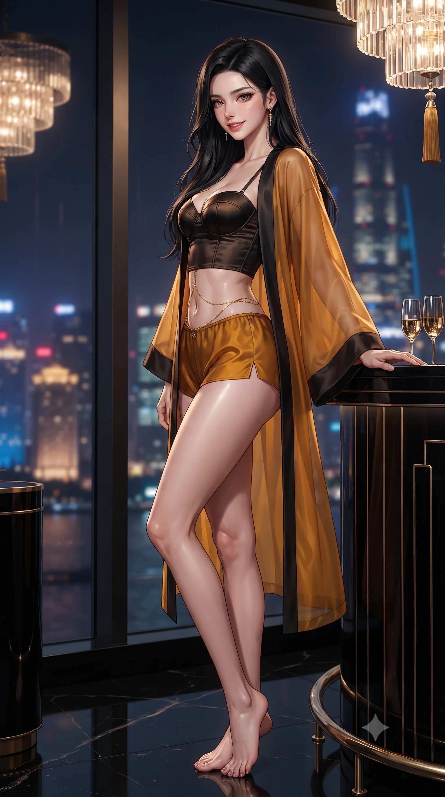 score_9, masterpiece, best quality, ultra-detailed, high-budget anime keyframe, editorial fashion photography, tasteful artistic composition, Korean woman. low angle full-body shot from head to toe showing her feet, filling the entire 9:16 vertical frame with her statuesque presence, stretching her vertical silhouette. posing in a classic haute-couture S-curve stance beside the floor-to-ceiling window, looking over a bare shoulder with magnetic presence while leaning against the black lacquered Art Deco bar counter with hips cocked back, looking over a bare shoulder with an intoxicating smoldering bedroom-gaze. The background shows a soft-focus vintage geometric crystal chandeliers and silk tassels softened in 1920s Shanghai jazz age nocturne shallow focus. She has an exceptionally tall and slender model-like 8.5-heads proportion, an ultra-slim waist, a flat toned midriff, narrow delicate ribcage, and beautifully sculpted feminine hips creating a graceful, slim hourglass silhouette without any bulky heaviness, with impossibly long slender legs. sharp v-shaped jawline, high-bridge nose, intricate jewel-like sparkling eyes with depth, thick eyelashes, glossy parted lips with a natural peach sheen, bright cheerful beaming smile with an enchanting and coquettish sensual glint, exuding both youthful cute charm and seductive allure, flawlessly proportioned anatomical accuracy, strict slender model proportions, natural body alignment, perfectly sculpted long slender limbs, ultra-slim waistline, clean dynamic posture without body distortion. wearing a translucent gossamer silk robe with wide kimono sleeves worn open over a strappy satin demi-bustier and micro-shorts in Hakone steaming sulfur amber and volcanic basalt black, made of fluid liquid jersey with seamless sculpting hold and smooth contours, accented with a dainty gold belly chain resting across her flat midriff and curving hips, the second-skin tailored fabric adhering flawlessly to her sculpted flat midriff and slender torso, emphasizing her long leg lines and perfectly proportioned willowy build. illuminated by river reflection bounce and sharp platinum-gold rim lights sculpting her razor-sharp jawline, narrow waist, and curvy hips. ultra-reflective glossy finish, specular highlights, rich textural contrasts, high-contrast stereoscopic depth, volumetric dynamic lighting, 2k, ultra detail, master piece, 9:16 ratio
