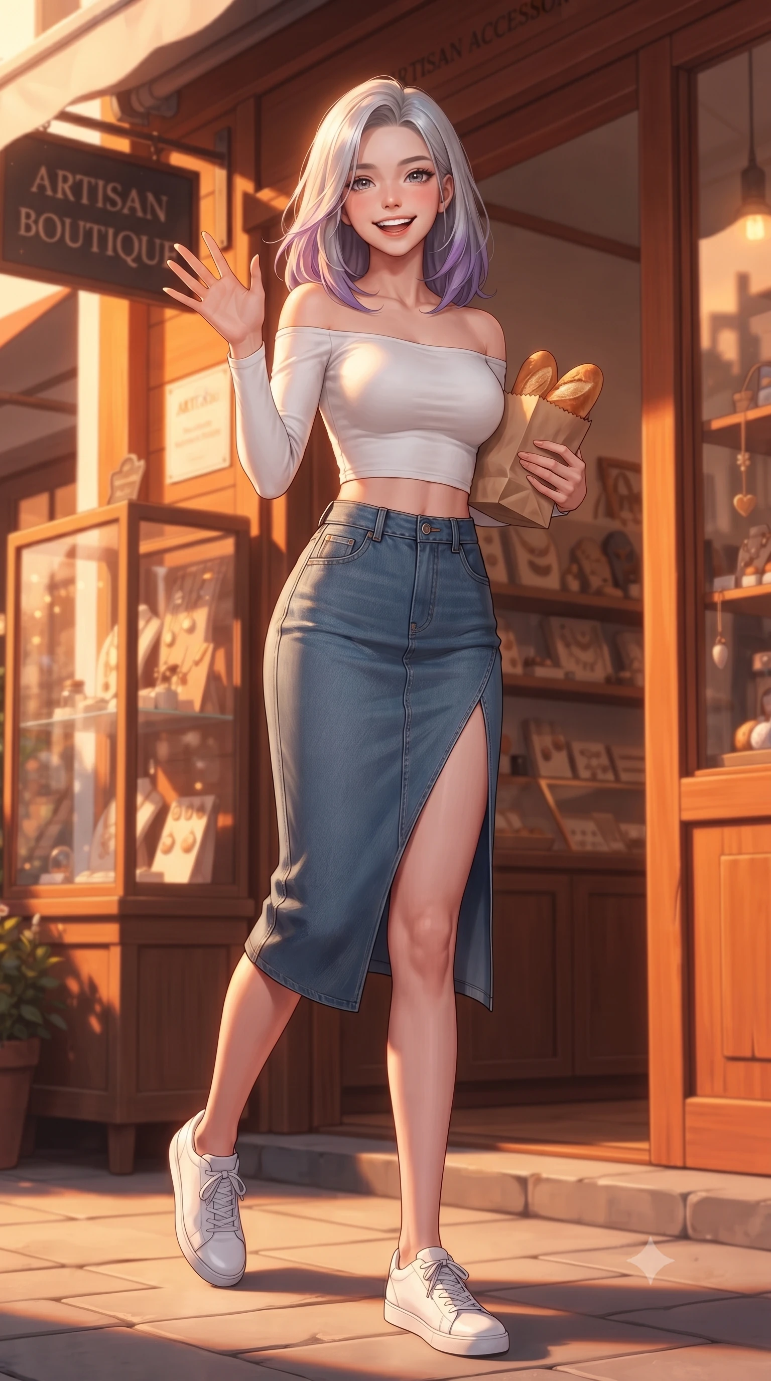 score_9, masterpiece, best quality, ultra-detailed, high-budget anime keyframe, editorial fashion photography, tasteful artistic composition, Caucasian woman. low angle full-body shot from head to toe showing her feet, filling the entire 9:16 vertical frame with her statuesque presence, stretching her vertical silhouette. stepping forward with a bright, cheerful smile, waving happily at the viewer set against a soft-focus background of in front of a small handmade accessory boutique with glass showcases holding a small paper bag of fresh warm bread, smiling cutely. She has an absolutely perfect, statuesque 8.5-heads proportion, an exceptionally tall and slender model-like female figure with impossibly long slender legs and an ultra-slim waist. sharp v-shaped jawline, high-bridge nose, intricate jewel-like eyes with depth, thick eyelashes, glossy lips with a natural sheen. wearing body-hugging stylish off-shoulder crop top paired with a high-slit denim midi skirt. cozy golden hour sunset light painting the wooden shopfronts in orange. ultra-reflective glossy finish, specular highlights, metallic sheen, high-contrast stereoscopic depth, volumetric dynamic lighting, 2k, ultra detail, master piece, 9:16 ratio