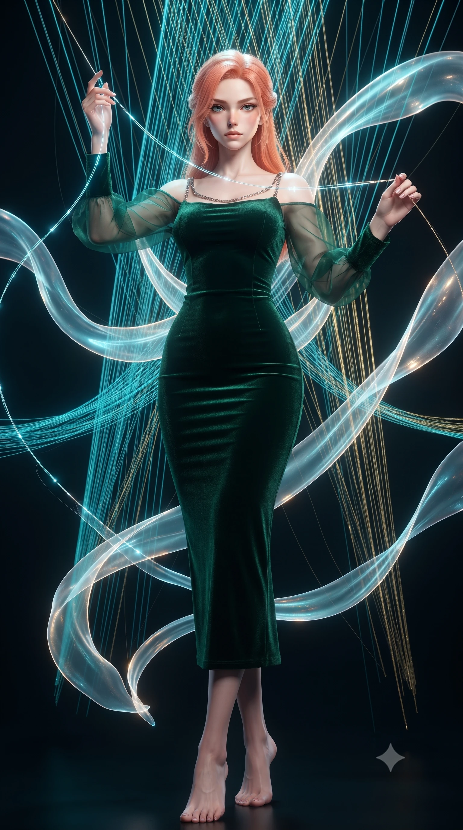 score_9, masterpiece, best quality, ultra-detailed, high-budget anime keyframe, editorial fashion photography, tasteful artistic composition, Japanese woman. low angle full-body shot from head to toe showing her feet, filling the entire 9:16 vertical frame with her statuesque presence, stretching her vertical silhouette. interacting gracefully with the magical floating elements while maintaining a confident posture threading fluorescent fiber optic lines on a massive 3D light loom, translucent silk ribbons swirling around her body like light streams. She has an absolutely perfect, statuesque 8.5-heads proportion, an exceptionally tall and slender model-like female figure with impossibly long slender legs and an ultra-slim waist. sharp v-shaped jawline, high-bridge nose, intricate jewel-like eyes with depth, thick eyelashes, glossy lips with a natural sheen. wearing a sleek bodycon knit dress with sheer organza sleeve panels in deep emerald green and silver accent, made of premium stretch velvet with a rich sheen, adorned with delicate metallic chain straps along the neckline, the elegant draped fit framing her graceful clavicle and slender torso. illuminated by the brilliant glow of cyan and gold luminescent threads. ultra-reflective glossy finish, specular highlights, metallic sheen, high-contrast stereoscopic depth, volumetric dynamic lighting, 2k, ultra detail, master piece, 9:16 ratio