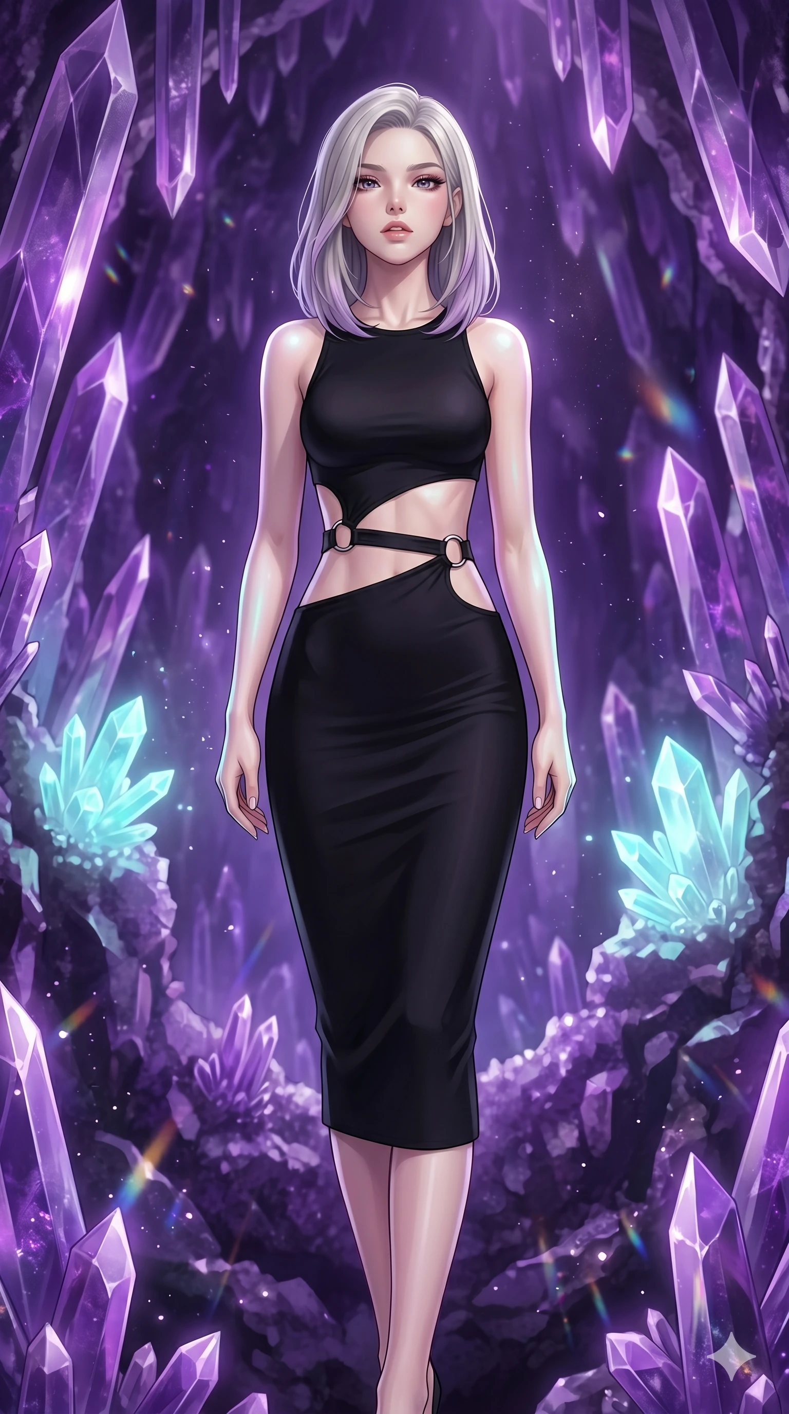 score_9, masterpiece, best quality, ultra-detailed, high-budget anime keyframe, editorial fashion photography, tasteful artistic composition, Japanese woman. cowboy shot from the thighs up, character and outfit filling the frame for maximum editorial presence. Tilting her chin up slightly with lips parted in a composed expression inside a crystalline geode cavern lined with towering amethyst spires casting violet prismatic light. She has an absolutely perfect 8-heads proportion, an exceptionally tall and slender female figure with impossibly long slender legs and an ultra-slim waist. V-shaped jawline, high-bridge nose, intricate jewel-like eyes with depth, thick eyelashes, glossy lips with a natural sheen. wearing a precision matte black bodycon midi dress with strategic architectural cutouts at the waist and side torso framed by clean chrome ring hardware, perfectly fitted to her slender form. illuminated by soft aqua bioluminescent light that makes her skin luminously glow against the dark. 2k, ultra detail, master piece, 9:16 ratio