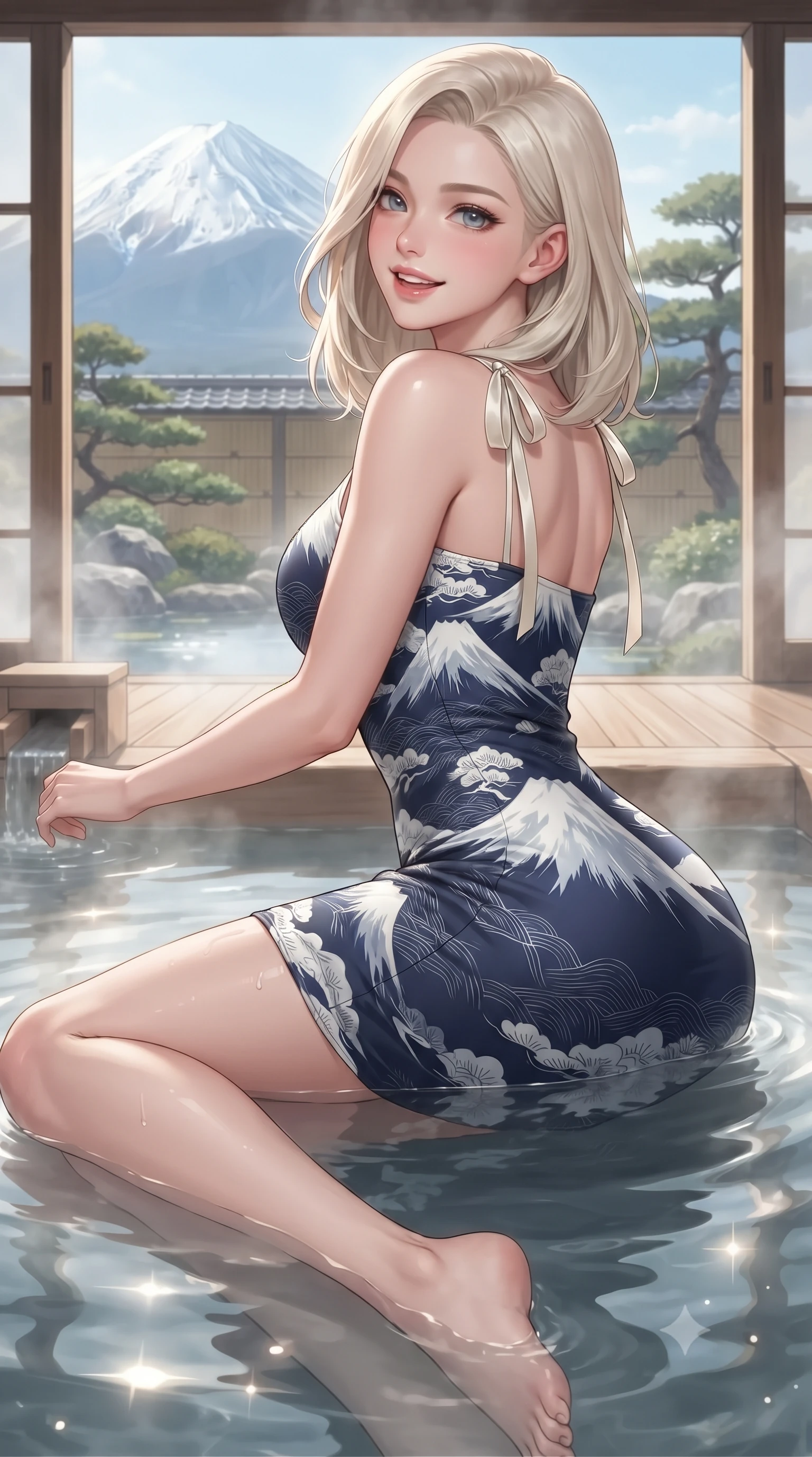 score_9, masterpiece, best quality, ultra-detailed, high-budget anime keyframe, editorial fashion photography, tasteful artistic composition, Caucasian woman. close-up cowboy shot from the waist and thighs up, the character dominates the composition, filling the frame with her large presence. posing in an alluring rear three-quarter angle, looking over a bare shoulder with parted glossy lips, her hips cocked back to highlight her slim hourglass curve while lounging in the steaming onsen bath with water lapping at her waist and legs extended, displaying her long slender limbs and statuesque hourglass silhouette against Fuji-san. The surrounding environment is rendered in vivid detail and crisp panoramic clarity: detailed garment lines, wet cling or bodycon fit, and artisanal Japanese woodwork in razor-sharp precision. She has an exceptionally elegant, slender, and willowy female figure with an ultra-slim waist, flat toned midriff, narrow ribcage, and sculpted feminine hips creating an alluring, slim hourglass silhouette without bulk. sharp v-shaped jawline, high-bridge nose, intricate jewel-like sparkling eyes with depth, thick eyelashes, glossy parted lips with a natural peach sheen, bright cheerful beaming smile with an enchanting and coquettish sensual glint, exuding both youthful cute charm and seductive allure, flawlessly proportioned anatomical accuracy, strict slender model proportions, natural body alignment, perfectly sculpted long slender limbs, ultra-slim waistline, clean dynamic posture without body distortion. wearing a glove-like stretch modal tank dress adhering tightly to her flat midriff and feminine hips in Mount Fuji snow-peak white and midnight indigo silk, crafted from bespoke double-faced cashmere with an exceptionally soft tactile finish, finished with satin ribbon ties at the shoulders fluttering in the gentle breeze, the glove-like clinging cut tightly following the natural contour of her hips and long slender legs with youthful 8.5-heads elegance. illuminated by onsen water reflection bounce and sharp platinum-gold rim lights sculpting her razor-sharp jawline, narrow waist, and curvy hips. ultra-reflective glossy finish, specular highlights, rich textural contrasts, high-contrast stereoscopic depth, volumetric dynamic lighting, 2k, ultra detail, master piece, 9:16 ratio