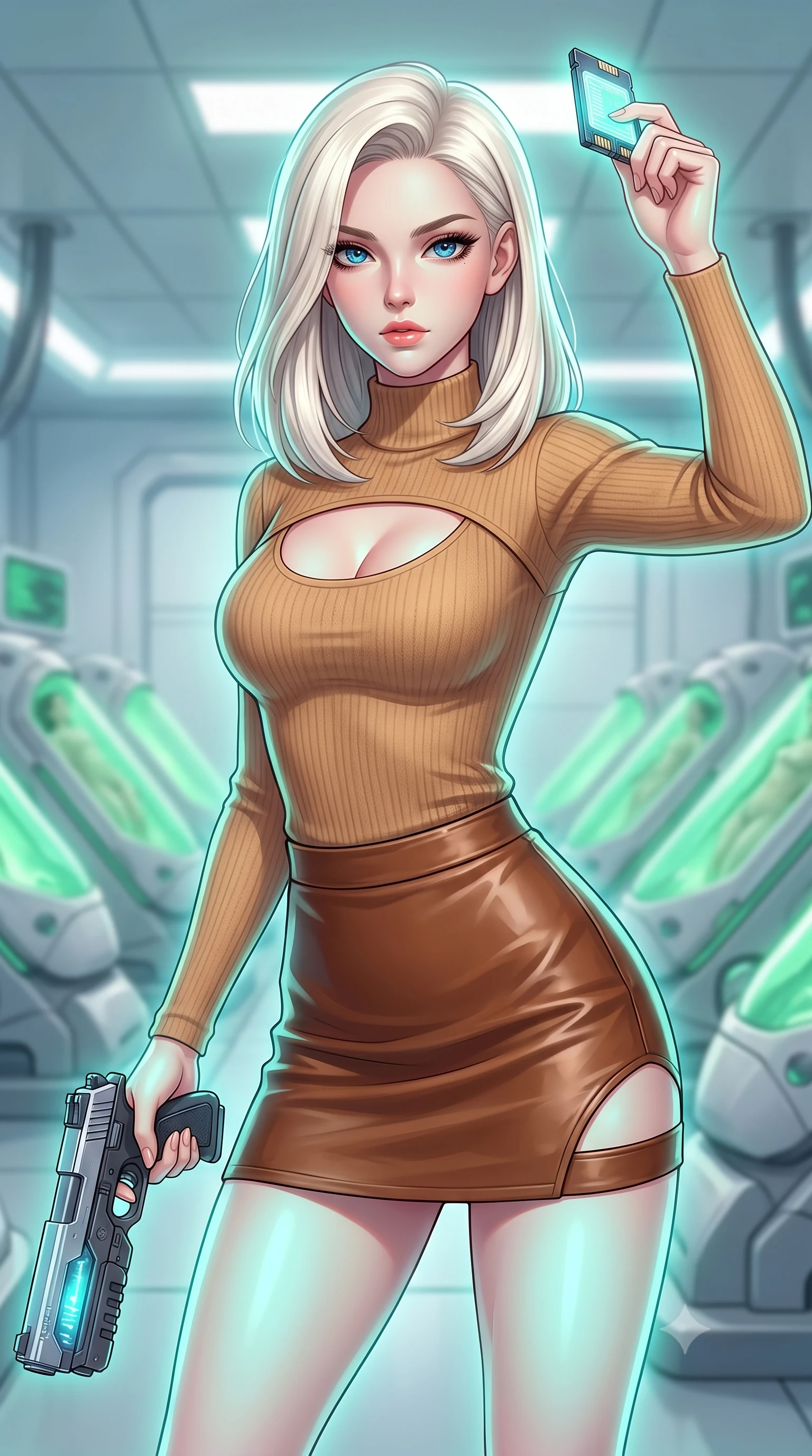 score_9, masterpiece, best quality, ultra-detailed, high-budget anime keyframe, editorial fashion photography, tasteful artistic composition, Caucasian woman, strictly human ears. close-up cowboy shot from the waist and thighs up, the character dominates the composition, filling the frame with her large presence, background elements kept in soft focus. Holding a glowing data drive aloft while reloading a futuristic plasma pistol, ready for the next wave. set against a soft-focus background of a clinical laboratory with recovery pods glowing with soft green bio-reconstruction light. She has an exceptionally elegant and slender, willowy female figure with an ultra-slim waist, a gracefully sculpted slender torso, and a refined slim physique. sharp v-shaped jawline, high-bridge nose, intricate jewel-like eyes with depth, thick eyelashes, glossy lips with a natural sheen. wearing catching and diffusing the glowing particles, shimmering softly in response to the surrounding light, a tailored camel-colored knit top with a keyhole chest cutout, paired with a brown leather mini skirt featuring a side cutout. highly saturated vibrant anime colors, intense vivid color palette, soft 3D volumetric shading, volumetric dynamic lighting, soft aqua bioluminescent light making her skin luminously glow against darkness. 2k, ultra detail, master piece, 9:16 ratio