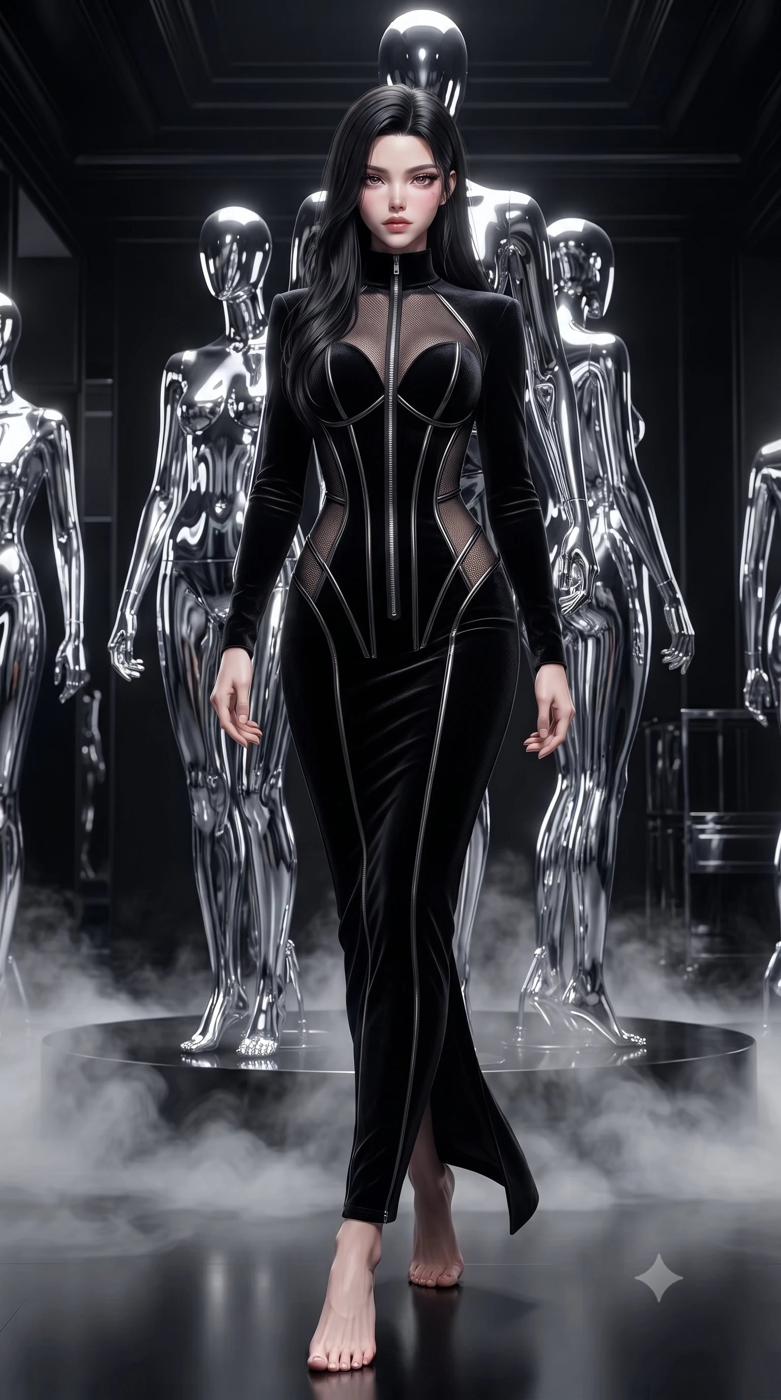 score_9, masterpiece, best quality, ultra-detailed, high-budget anime keyframe, editorial fashion photography, tasteful artistic composition, Korean woman. low angle full-body shot from head to toe showing her feet, filling the entire 9:16 vertical frame with her statuesque presence, stretching her vertical silhouette. forging confidently through the floating mist, holding a poised statuesque stance, poised before a giant chrome mannequin display in a luxury fitting suite, high-contrast black leather and chrome textures glinting under key rays. She has an absolutely perfect, statuesque 8.5-heads proportion, an exceptionally tall and slender model-like female figure with impossibly long slender legs and an ultra-slim waist. sharp v-shaped jawline, high-bridge nose, intricate jewel-like eyes with depth, thick eyelashes, glossy lips with a natural sheen. wearing sculpted form-fitting dark velvet column gown in pitch black in pitch-black onyx, made of fine dark contouring mesh, finished with metallic silver boning and sleek zipper points, sculpting her athletic slender build with refined precision. bathed in sharp side key rays and pitch-black ambient shadows. highly saturated vibrant anime colors, detailed shading with soft gradients, rich glossy textures, high-contrast stereoscopic depth, volumetric dynamic lighting, master piece, 9:16 ratio