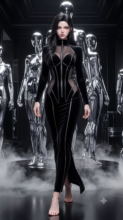 score_9, masterpiece, best quality, ultra-detailed, high-budget anime keyframe, editorial fashion photography, tasteful artistic composition, Korean woman. low angle full-body shot from head to toe showing her feet, filling the entire 9:16 vertical f