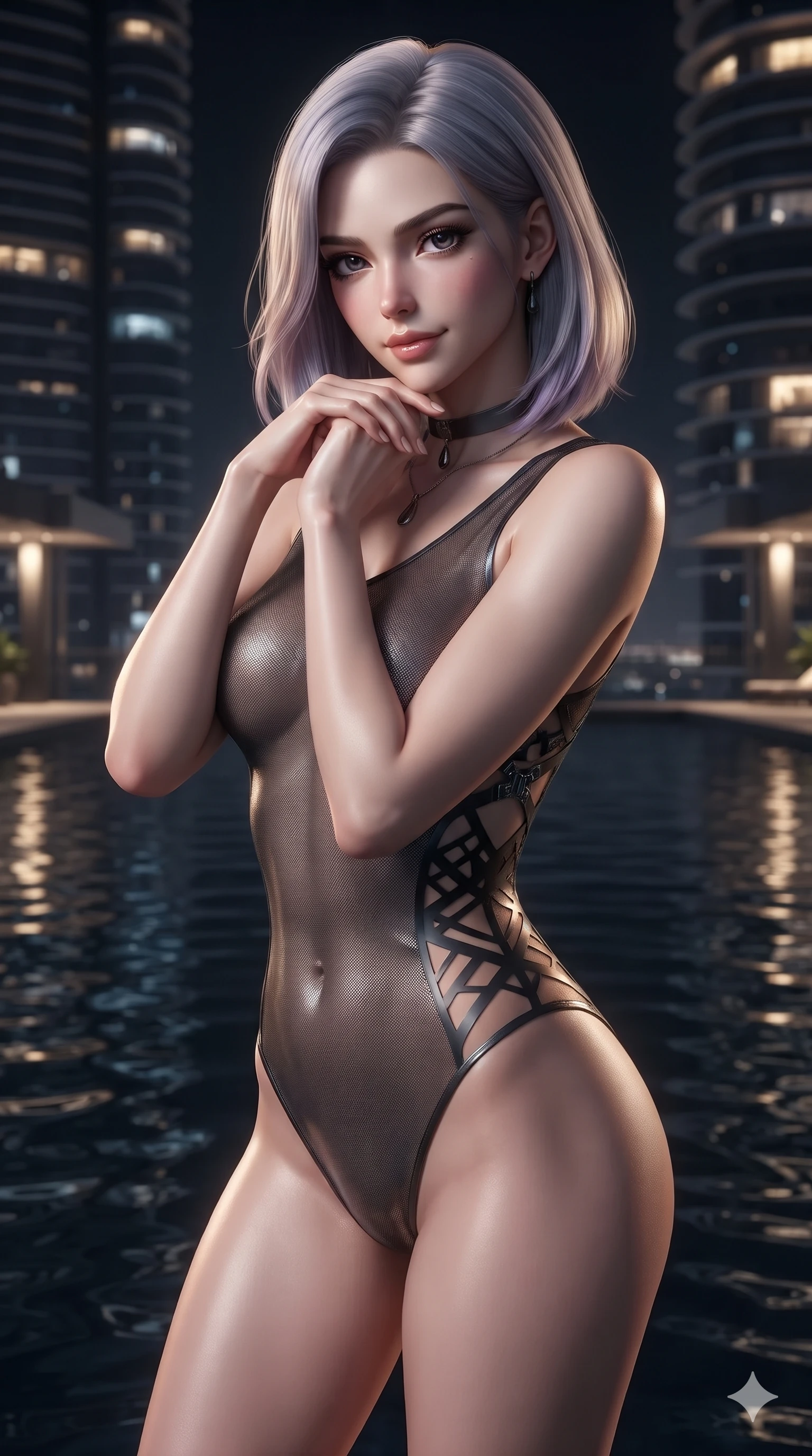 score_9, masterpiece, best quality, ultra-detailed, high-budget anime keyframe, editorial fashion photography, tasteful artistic composition, Caucasian woman. close-up cowboy shot from the waist and thighs up, the character dominates the composition, filling the frame with her large presence. resting her chin on the backs of her fingers with an air of effortless superiority and parted glossy lips while twisting her slender torso in an alluring S-curve at the water's edge, dark rippling reflections of illuminated towers tracing her hourglass curves. The surrounding environment is rendered in vivid detail and crisp panoramic clarity: detailed backless liquid vinyl slip dress cling, gunmetal harness clasps, and luxury minimalist terrace design in razor-sharp precision. She has an exceptionally elegant, slender, and willowy female figure with an ultra-slim waist, flat toned midriff, narrow ribcage, and sculpted feminine hips creating an alluring, slim hourglass silhouette without bulk. sharp v-shaped jawline, high-bridge nose, intricate jewel-like dark sparkling eyes with hypnotic seductive depth, thick curled eyelashes, glossy parted lips with a natural wine sheen, alluring bedroom-eyes with an enigmatic smoldering smile, exuding magnetic sovereign charisma and dark avant-garde glamour, flawlessly proportioned anatomical accuracy, strict slender model proportions, natural body alignment, perfectly sculpted long slender limbs, ultra-slim waistline, clean dynamic posture without body distortion. wearing a delicate semi-translucent wet-look mesh bodysuit clinging sheerly to her sculpted torso and hip curves in pure obsidian monochrome with subtle metallic sheen, adorned with laser-cut diamond side panels revealing teasing glimpses of bare skin, finished with a minimalist dark choker and a single teardrop pendant, the precision-cut side openings and low-back scoop framing her graceful spine and the sensual sweep of her slim, toned hips. illuminated by dark pool water surface bounce and sharp golden-sapphire rim lights sculpting her razor-sharp jawline, narrow waist, and curvy hips. ultra-reflective glossy finish, specular highlights, metallic sheen, high-contrast stereoscopic depth, volumetric dynamic lighting, 2k, ultra detail, master piece, 9:16 ratio