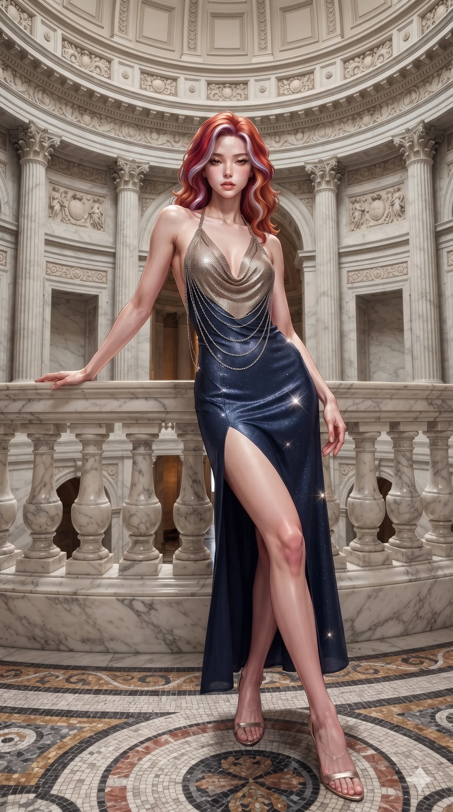 score_9, masterpiece, best quality, ultra-detailed, high-budget anime keyframe, editorial fashion photography, tasteful artistic composition, Caucasian woman. close-up cowboy shot from the waist and thighs up, the character dominates the composition, filling the frame with her large presence. leaning back against the balustrade with relaxed seductive grace, head tilted back slightly while casting a hypnotic, heavy-lidded gaze while stepping gracefully across the mosaic marble floor, her long slender legs and curvy hourglass hips commanding the monumental rotunda. The surrounding environment is rendered in vivid detail and crisp panoramic clarity: detailed plunging cowl-neck chainmail halter cling, low-rise mini skirt, and monumental rotunda architecture in razor-sharp precision. She has an exceptionally elegant, slender, and willowy female figure with an ultra-slim waist, flat toned midriff, narrow ribcage, and sculpted feminine hips creating an alluring, slim hourglass silhouette without bulk. sharp v-shaped jawline, high-bridge nose, sparkling eyes with hypnotic seductive depth, thick curled eyelashes, glossy parted lips with a natural dewy peach sheen, alluring bedroom-eyes with an enchanting coquettish smile, exuding magnetic siren charisma and sophisticated glamour, flawlessly proportioned anatomical accuracy, strict slender model proportions, natural body alignment, perfectly sculpted long slender limbs, ultra-slim waistline, clean dynamic posture without body distortion. wearing a form-contouring gossamer silk chiffon slip dress with a hip-high slit and open cowl back clinging with mist in French Riviera navy and crisp champagne ivory, woven from stretch metallic lurex jersey casting radiant starlight glints across her silhouette, accented with an open-back drape framed by falling strands of delicate chrome chains, the high-slit wrap tailoring accentuating her ultra-slim waistline and the enchanting curve of her feminine hips with alluring seductive charm. illuminated by polished marble floor bounce and sharp ivory-gold rim lights defining her razor-sharp jawline, narrow waist, and curvy hips. ultra-reflective glossy finish, specular highlights, rich textural contrasts, high-contrast stereoscopic depth, volumetric dynamic lighting, 2k, ultra detail, master piece, 9:16 ratio