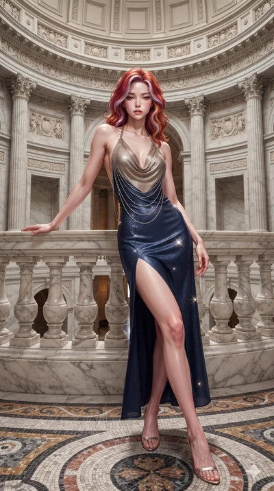 Caucasian woman. leaning back against the balustrade with relaxed seductive grace, head tilted back slightly while casting a hypnotic, heavy-lidded gaze while stepping gracefully across the mosaic marble floor, her long slender legs and curvy hourglass hips commanding the monumental rotunda. The surrounding environment is rendered in vivid...