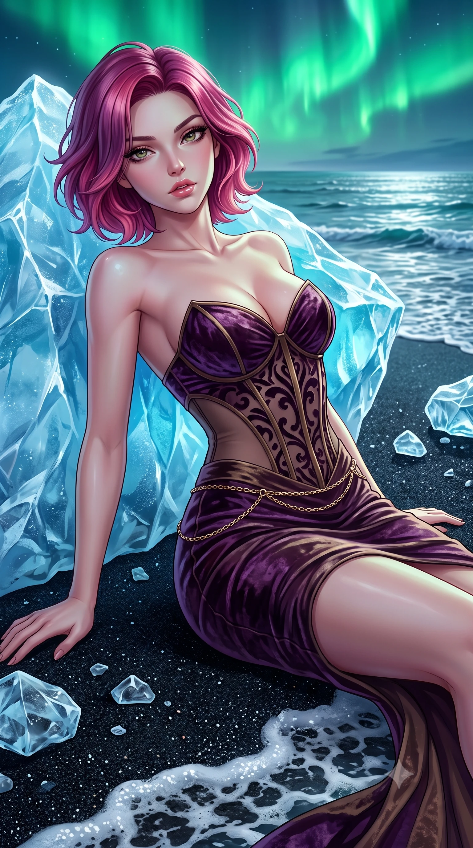 score_9, masterpiece, best quality, ultra-detailed, high-budget anime keyframe, semi-realistic 3D game render, editorial fashion photography, tasteful artistic composition, Caucasian woman. close-up cowboy shot from the waist and thighs up, the character dominates the composition, filling the frame with her large presence. leaning back with relaxed seductive grace, her sculpted collarbones and narrow waist highlighted as she casts smoldering bedroom-eyes directly into the camera while reclining against a massive crystal-clear blue iceberg stranded on the jet-black volcanic sand, arching her spine as Arctic waves lap near her feet. The surrounding environment is rendered in vivid detail and crisp panoramic clarity. sharp transparent glacial ice facets, jet-black volcanic sand grains, and sea foam texture in deep focus. She has an exceptionally elegant, slender, and willowy female figure with an ultra-slim waist, flat toned midriff, narrow ribcage, and sculpted feminine hips creating an alluring, slim hourglass silhouette without bulk. sharp v-shaped jawline, high-bridge nose, intricate jewel-like eyes with depth, thick eyelashes, glossy parted lips with a natural sheen, intensely captivating and seductive bedroom-eyes expression, flawlessly proportioned anatomical accuracy, strict slender model proportions, natural body alignment, perfectly sculpted long slender limbs, ultra-slim waistline, clean dynamic posture without body distortion. wearing a deep sweetheart neckline crushed velvet corseted ballgown with an exposed midriff cutout in deep plum violet and antique bronze, made of sheer contouring power-mesh with velvet flocking patterns, accented with a delicate gold chain belt resting loosely on her curvy hips, the second-skin form-contouring cut accentuating her sculpted flat midriff, narrow delicate ribcage, and gracefully curvy hips with supermodel precision. bathed in vibrant emerald aurora backlighting from above and cool silver twilight sea reflections. highly saturated vibrant anime colors, detailed shading with soft gradients, rich glossy textures, high-contrast stereoscopic depth, volumetric dynamic lighting, master piece, 9:16 ratio