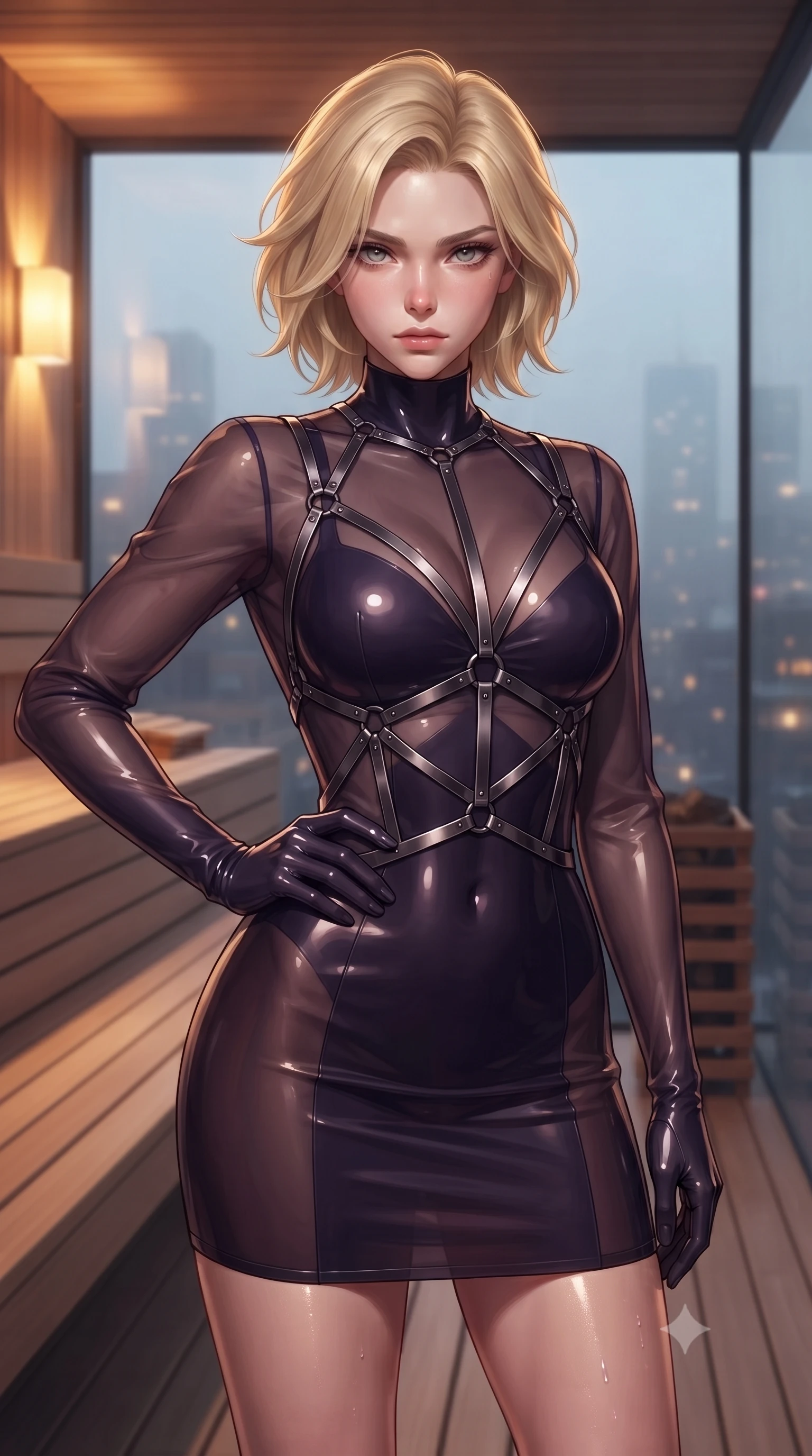 score_9, masterpiece, best quality, ultra-detailed, high-budget anime keyframe, editorial fashion photography, tasteful artistic composition, Caucasian woman. close-up cowboy shot from the waist and thighs up, the character dominates the composition, filling the frame with her large presence, background elements kept in soft focus. Holding a confident power pose with one hand on her hip, inside a private minimalist glass sauna overlooking a misty 3 AM city skyline, dewy natural skin texture glistened under warm ambient sconce rays. She has an exceptionally elegant, slender, and willowy female figure with an ultra-slim waist, a gracefully sculpted slender torso, and a refined silhouette. sharp v-shaped jawline, high-bridge nose, intricate jewel-like eyes with depth, thick eyelashes, glossy lips with a natural sheen. wearing glove-like fit dark navy latex bodycon mini dress in dark plum violet, made of sheer dark organza overlay, highlighted by a gunmetal metallic harness structure, accentuating her gracefully sculpted slender torso. surrounded by a moody, intimate glow with sharp specular skin highlights. highly saturated vibrant anime colors, detailed shading with soft gradients, rich glossy textures, high-contrast stereoscopic depth, volumetric dynamic lighting, master piece, 9:16 ratio
