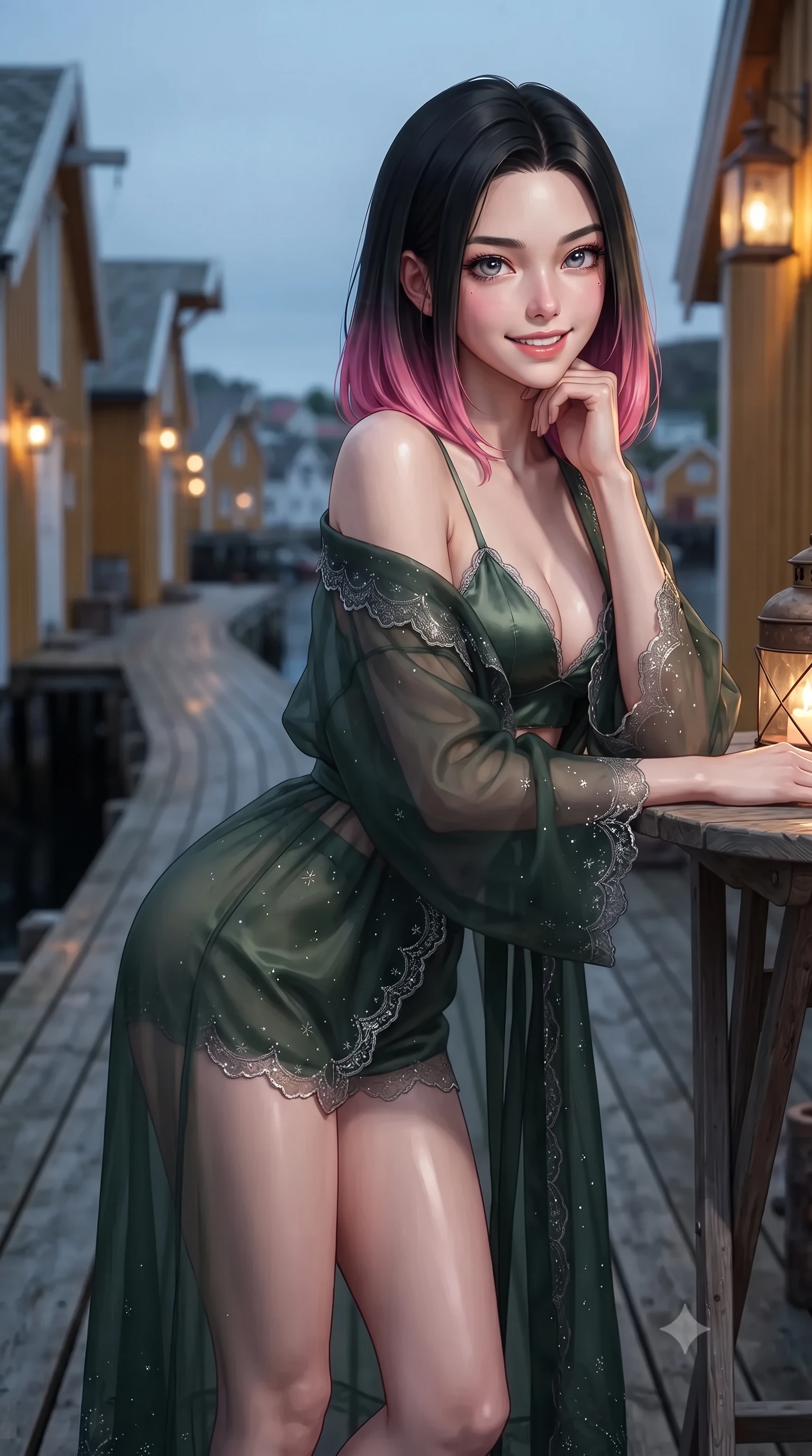 score_9, masterpiece, best quality, ultra-detailed, high-budget anime keyframe, editorial fashion photography, tasteful artistic composition, Korean woman. close-up cowboy shot from the waist and thighs up, the character dominates the composition, filling the frame with her large presence. resting one elbow on the table and supporting her chin, leaning close to the camera with heavy-lidded sparkling eyes and parted lips while standing poised on the natural timber boardwalk snaking along the narrow fjord inlet between centuries-old yellow and ochre fishing huts, arching her lower back with effortless poise. The background shows a soft-focus warm pierced metal lantern glows softened in hidden Arctic fjord village shallow focus. She has an exceptionally elegant, slender, and willowy female figure with an ultra-slim waist, flat toned midriff, narrow ribcage, and sculpted feminine hips creating an alluring, slim hourglass silhouette without bulk. sharp v-shaped jawline, high-bridge nose, intricate jewel-like sparkling eyes with depth, thick eyelashes, glossy parted lips with a natural peach sheen, bright cheerful beaming smile with an enchanting and coquettish sensual glint, exuding both youthful cute charm and seductive allure, flawlessly proportioned anatomical accuracy, strict slender model proportions, natural body alignment, perfectly sculpted long slender limbs, ultra-slim waistline, clean dynamic posture without body distortion. wearing a sheer silk organza modern caftan robe worn loose and slipping off bare shoulders over a matching satin bralette and micro-shorts in Loch Ness deep peat moss green and silver starlight, crafted from stretch micro-mesh with liquid foil coating that shimmers with every movement, finished with scalloped eyelash lace trim framing her sweetheart neckline with intimate elegance, the liquid-tight tailored fabric clinging flawlessly to her narrow waist and rounded feminine hips, emphasizing every millimeter of her sculpted slim hourglass curves without any bulky heaviness. bathed in the warm 2300K glow of vintage brass dock lanterns contrasted with cool Arctic evening sky. ultra-reflective glossy finish, specular highlights, rich textural contrasts, high-contrast stereoscopic depth, volumetric dynamic lighting, 2k, ultra detail, master piece, 9:16 ratio