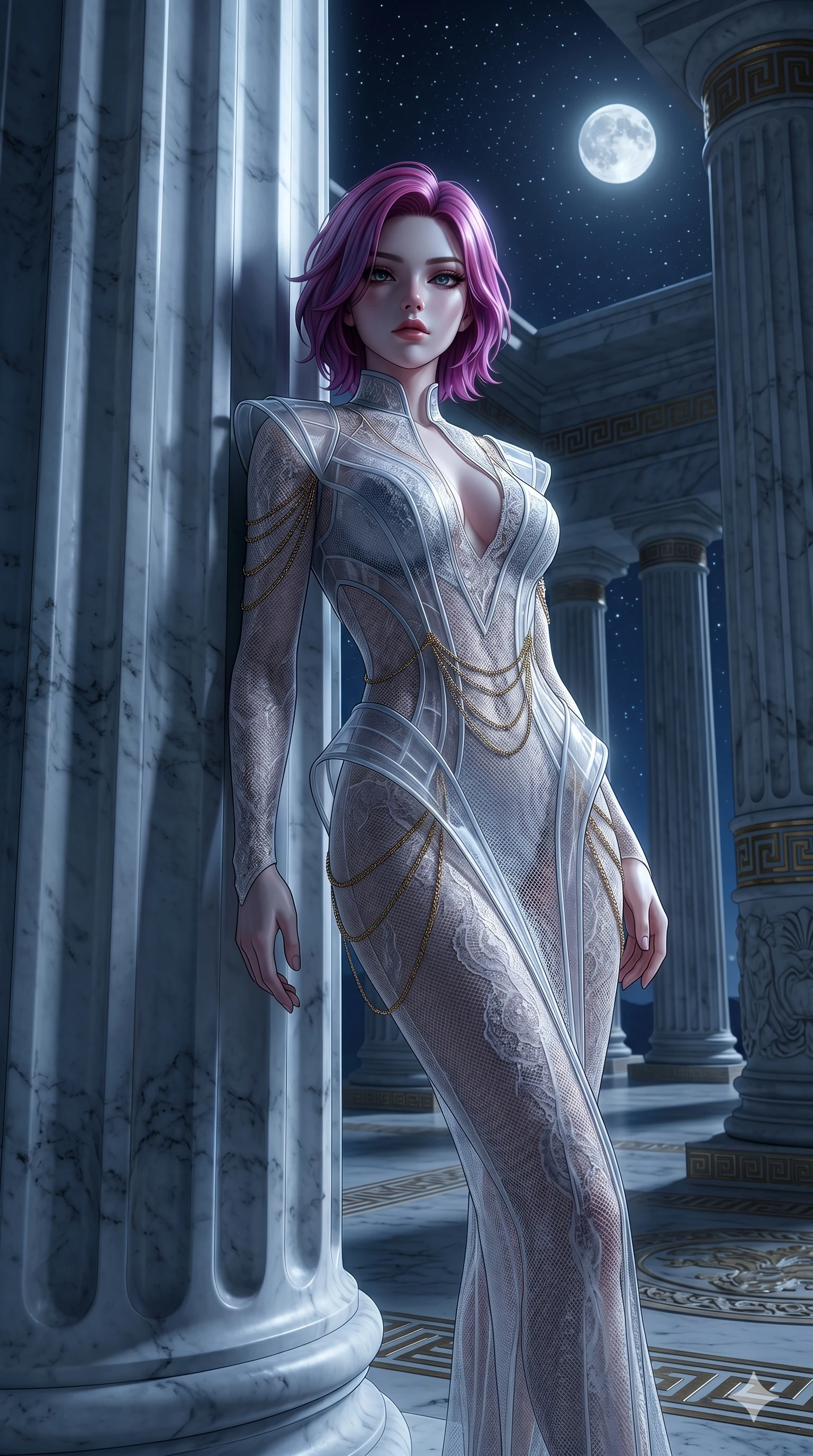 score_9, masterpiece, best quality, ultra-detailed, High-budget Anime Keyframe, East Asian woman. Low angle cowboy shot filling the entire 9:16 frame with her statuesque presence. Scenario 213: Leaning against a cold marble pillar in a moonlit greek temple. Her presence is magnetic and overpowering in this high-budget anime scene. Outfit 213: A fine technical mesh texture lace liquid with a translucent architectural overlays and fine gold chains. The clothing is designed to emphasize her exceptionally tall and slender 8-heads proportion. 8-heads proportion, towering silhouette, ultra-slim waist. sharp v-shaped jawline, intricate jewel-like eyes with depth, thick eyelashes, glossy lips. 2k, ultra detail, master piece, 9:16 ratio