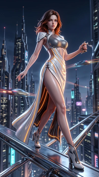 score_9, masterpiece, best quality, ultra-detailed, high-budget anime keyframe, semi-realistic 3D game render, editorial fashion photography, tasteful artistic composition, Korean woman. low angle full-body shot from head to toe showing her feet, fil