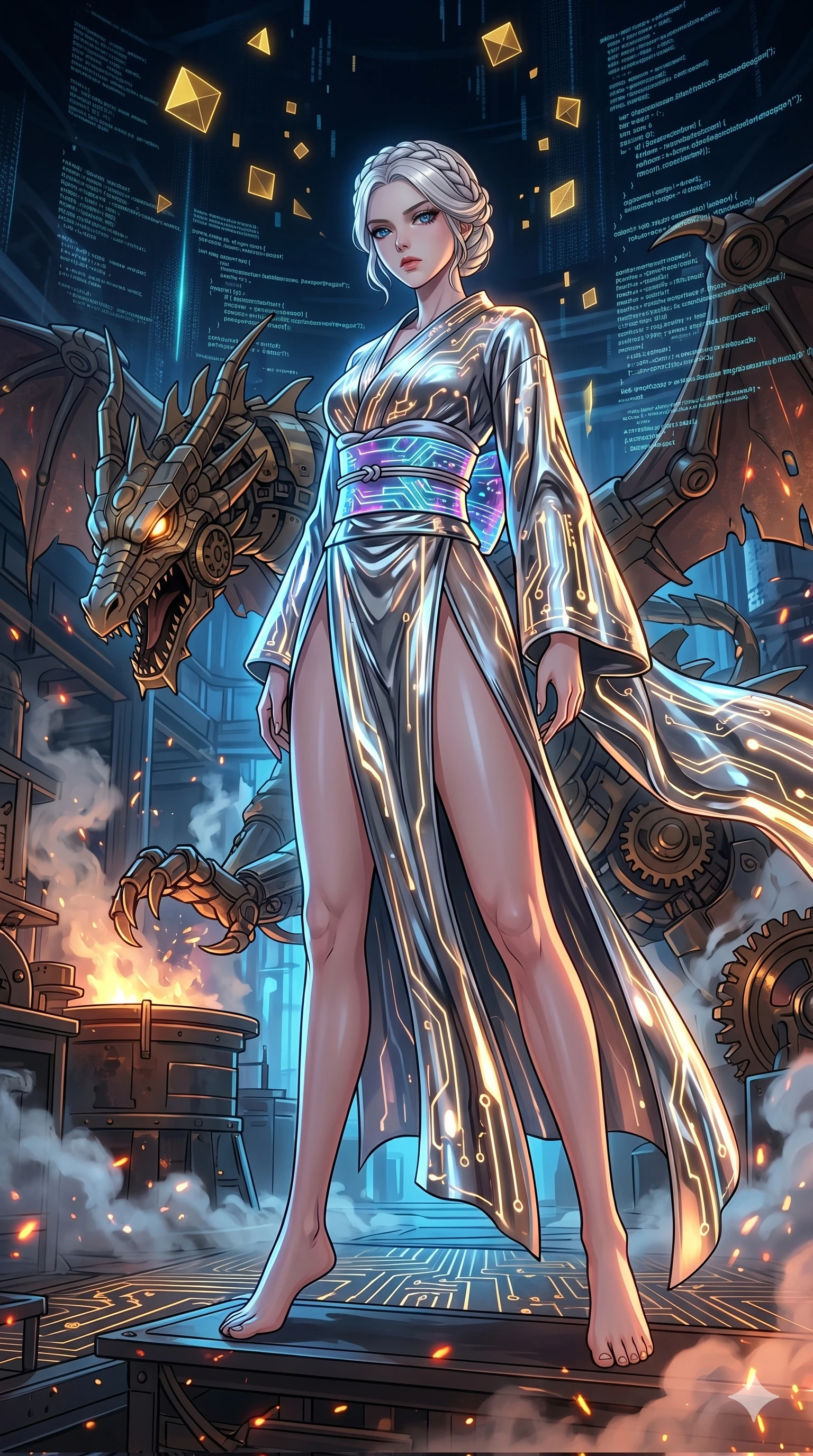 score_9, masterpiece, best quality, ultra-detailed, High-budget Anime Keyframe, vibrant colors, fluid line-art, expressive lighting, cinematic composition, Ufotable-style visual effects, top-tier animation quality, Korean woman with idol-like refined features. Dynamic full-body shot stretching the vertical silhouette, capturing her from a powerful low-angle perspective. Staring down a colossal mechanical dragon within a sprawling steampunk workshop, steam and embers filling the air. She has an absolutely perfect 8-heads proportion, an exceptionally tall and slender female figure with impossibly long slender legs and an ultra-slim waist, her statuesque height and towering silhouette dominating the vertical 9:16 frame. Her face is a masterpiece featuring a sharp v-shaped jawline, high-bridge nose, intricate jewel-like eyes with depth, thick eyelashes, and glossy lips with a natural sheen. She is wearing a High-slit tech-kimono with holographic obi and integrated neon-lit circuitry patterns crafted from Molten liquid mercury that flows and reflects the environment with metallic perfection, with sheer fabric transparency over her delicate curves and a high-cut silhouette. The scene is set in an abstract digital void with floating golden geometric shapes and rivers of flowing code, illuminated by harsh neon light and deep shadows creating a high-contrast noir aesthetic. 2k, ultra detail, master piece, 9:16 ratio