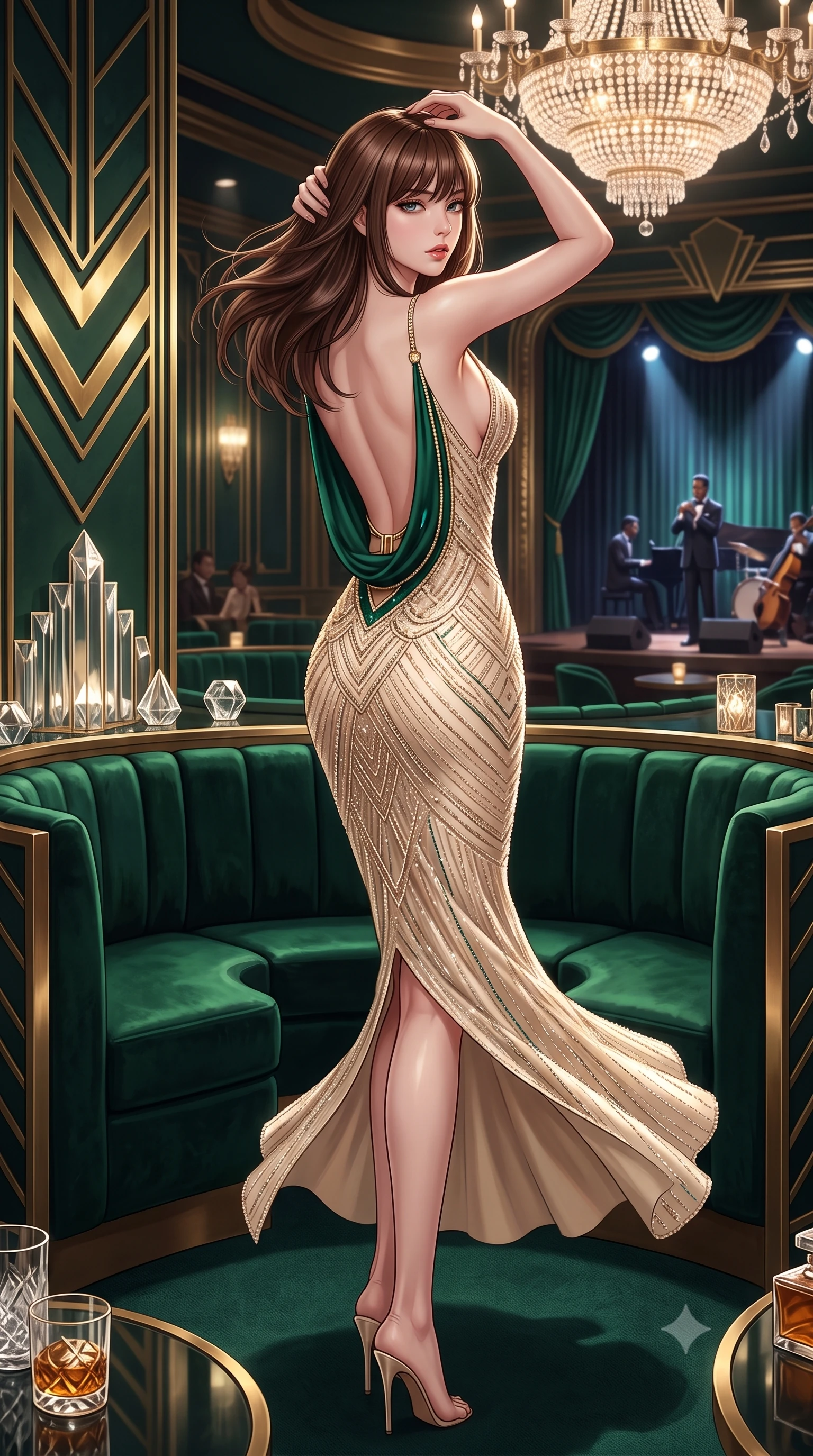 score_9, masterpiece, best quality, ultra-detailed, high-budget anime keyframe, semi-realistic 3D game render, editorial fashion photography, tasteful artistic composition, Korean woman. low angle full-body shot from head to toe showing her feet, filling the entire 9:16 vertical frame with her statuesque presence, stretching her vertical silhouette. executing an elegant mid-motion pivot turn as garments swirl around her slender limbs, glancing over her shoulder with an intoxicating bedroom-gaze while lounging languidly in a circular VIP booth of emerald velvet, running fingers through her glossy hair as jazz music drifts. The surrounding environment is rendered in vivid detail and crisp panoramic clarity. sharp geometric brass chevron wall moldings, crystal glass facets, and velvet fabric pile in deep focus. She has an absolutely perfect, statuesque 8.5-heads proportion, an exceptionally tall and slender model-like female figure with impossibly long slender legs, a toned flat midriff, an ultra-slim waist, and beautifully sculpted feminine hips. sharp v-shaped jawline, high-bridge nose, intricate jewel-like eyes with depth, thick eyelashes, glossy parted lips with a natural sheen, intensely captivating and seductive bedroom-eyes expression, flawlessly proportioned anatomical accuracy, strict slender model proportions, natural body alignment, perfectly sculpted long slender limbs, ultra-slim waistline, clean dynamic posture without body distortion. wearing a beaded champagne slip dress with an ultra-deep cowl back descending to her waistline in deep emerald green and polished gold hardware, formed from shimmering geometric Art Deco beadwork over fluid silk lining, complemented by a bold geometric diamond choker and glittering cocktail ring, the glove-like aerodynamic silhouette tightly following the natural contour of her hips and long slender legs with statuesque precision. surrounded by an opulent, scandalous, and irresistibly intoxicating jazz-age siren aura. highly saturated vibrant anime colors, detailed shading with soft gradients, rich glossy textures, high-contrast stereoscopic depth, volumetric dynamic lighting, master piece, 9:16 ratio