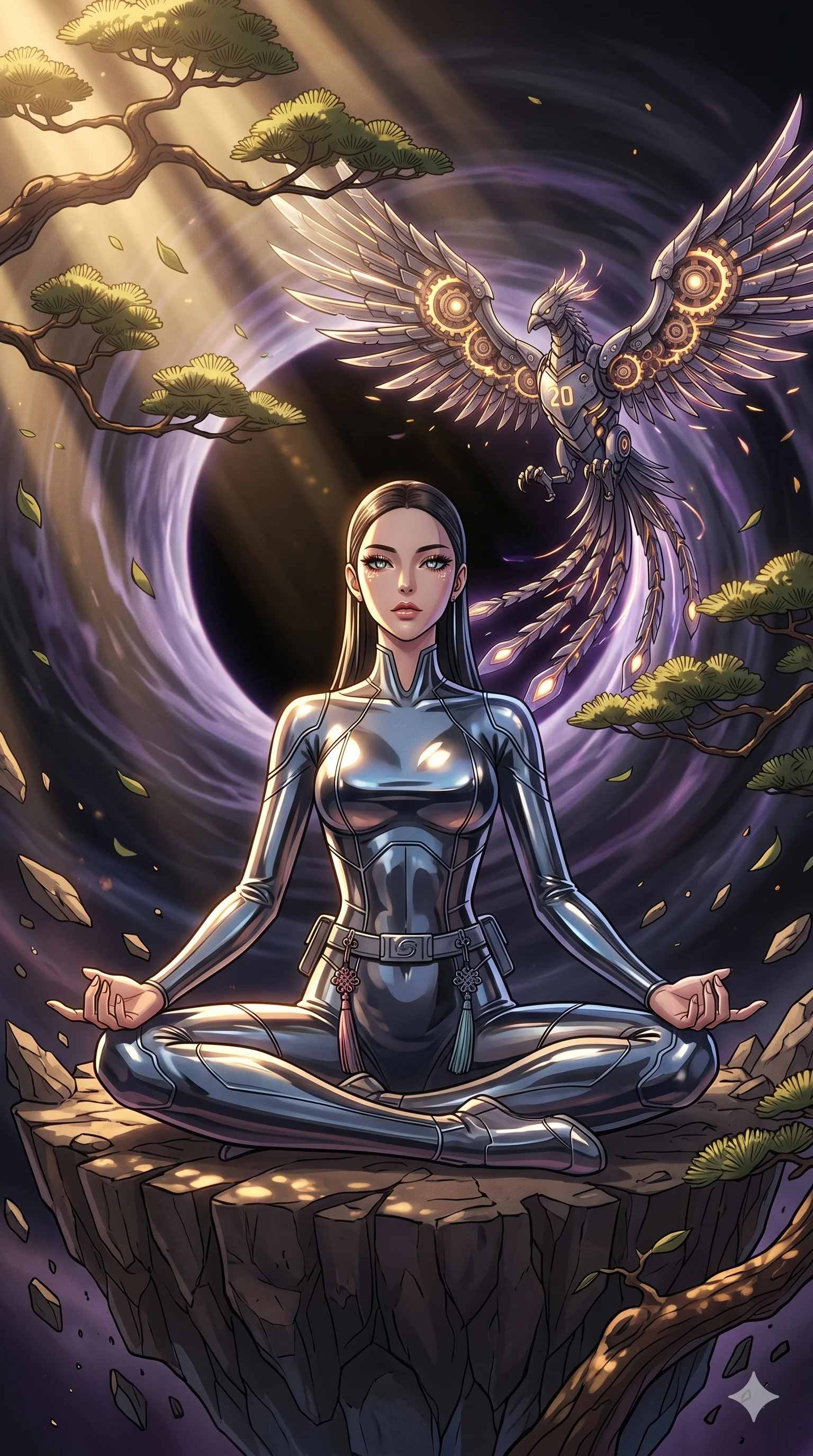 score_9, masterpiece, best quality, ultra-detailed, Set A: High-budget Anime Keyframe, Korean woman. Low angle cowboy shot filling the entire 9:16 frame with her statuesque presence. Theme: Historical Remix. meditating in the edge of a black hole, while a mechanical phoenix rises in the background marked 20. The atmosphere is filled with cinematic sunlight through leaves. She has an absolutely perfect 8-heads proportion, an exceptionally tall and slender female figure with impossibly long slender legs and an ultra-slim waist. Sharp v-shaped jawline, high-bridge nose, intricate jewel-like eyes with depth, glossy lips. Wearing Mirror-surface metallic bodysuit that reflects the environment, with high-cut legs. Cinematic lighting, vivid colors, dramatic shadows, 2k, ultra detail, master piece, 9:16 ratio