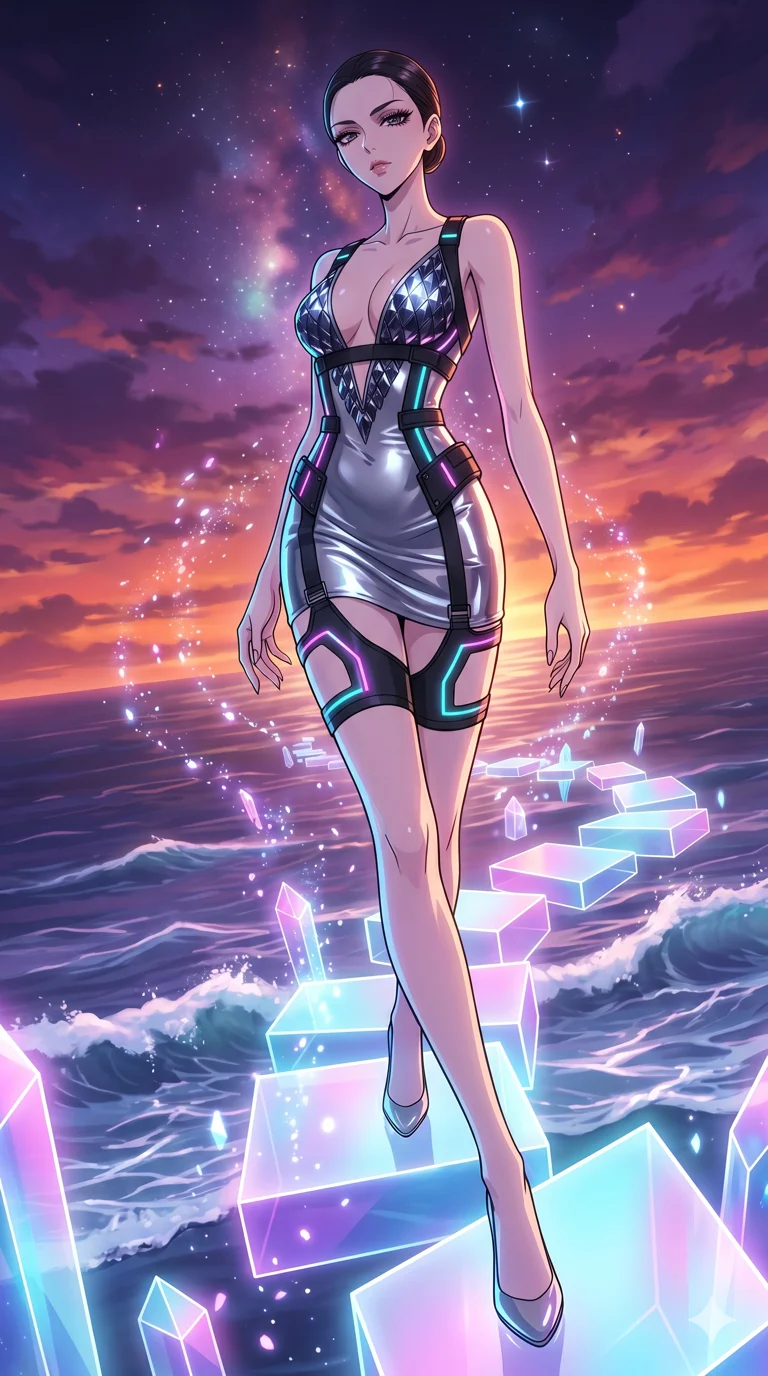 score_9, masterpiece, best quality, ultra-detailed, High-budget Anime Keyframe, vibrant colors, fluid line-art, expressive lighting, cinematic composition, Ufotable-style visual effects, top-tier animation quality, Japanese woman with delicate and elegant anime-inspired features. Wide-angle low shot emphasizing her impossibly long slender legs and commanding stature. Navigating a surreal sea of floating geometric shapes and crystalline structures within a digital void, the environment reacting to her presence. She has an absolutely perfect 8-heads proportion, an exceptionally tall and slender female figure with impossibly long slender legs and an ultra-slim waist, her statuesque height and towering silhouette dominating the vertical 9:16 frame. Her face is a masterpiece featuring a sharp v-shaped jawline, high-bridge nose, intricate jewel-like eyes with depth, thick eyelashes, and glossy lips with a natural sheen. She is wearing a Liquid mercury fabric dress that clings perfectly to her every curve with a deep plunging neckline crafted from Obsidian-glass scales that shimmer with a dark, crystalline brilliance, with integrated neon-lit tactical gear and suggestive cutouts on the thighs. The scene is set in a vibrant sunset over a futuristic crystalline ocean with waves made of liquid light, illuminated by flickering starlight and nebula glow providing a mystical and vast ambiance. 2k, ultra detail, master piece, 9:16 ratio
