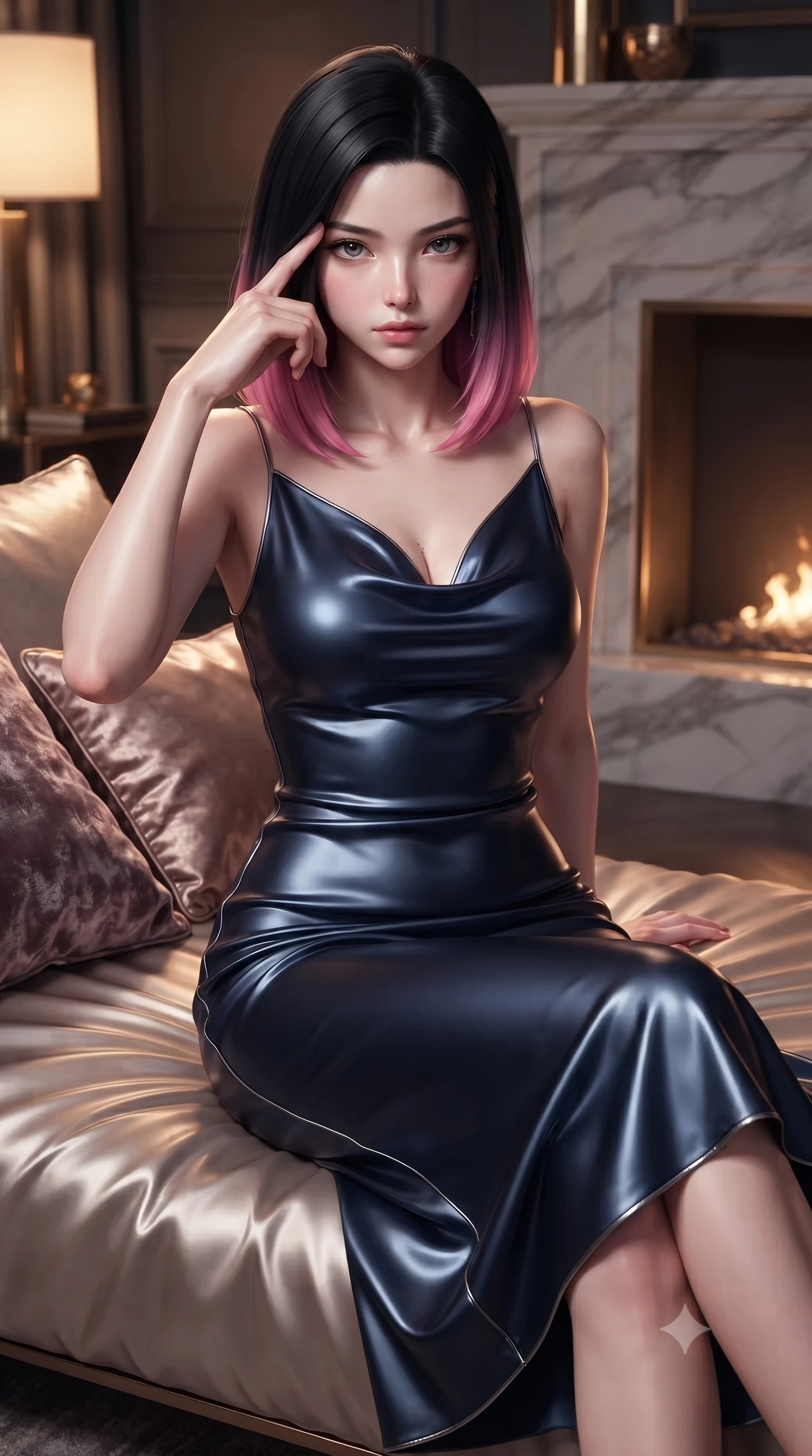 score_9, masterpiece, best quality, ultra-detailed, high-budget anime keyframe, editorial fashion photography, tasteful artistic composition, Korean woman. close-up cowboy shot from the waist and thighs up, the character dominates the composition, filling the frame with her large presence, background elements kept in soft focus. Pressing two fingers to her temple in a composed thoughtful gesture with an air of magnetic charisma resting near a sleek marble fireplace emitting soft golden hearth embers, rich silk sheets and crushed velvet cushions reflecting warm ambient lamps. She has an exceptionally elegant, slender, and willowy female figure with an ultra-slim waist, a gracefully sculpted slender torso, and a refined silhouette. sharp v-shaped jawline, high-bridge nose, intricate jewel-like eyes with depth, thick eyelashes, glossy lips with a natural sheen. wearing an elegant cowl-neck satin midi dress with a draped neckline in midnight navy blue and chrome trim, crafted from smooth liquid silk, accented with a Tasteful chest slit framing her clavicle gracefully, the sleek second-skin texture accentuating her magnetic presence. bathed in warm luxury ambient lighting and soft silver moonlight accents. ultra-reflective glossy finish, specular highlights, metallic sheen, high-contrast stereoscopic depth, volumetric dynamic lighting, 2k, ultra detail, master piece, 9:16 ratio