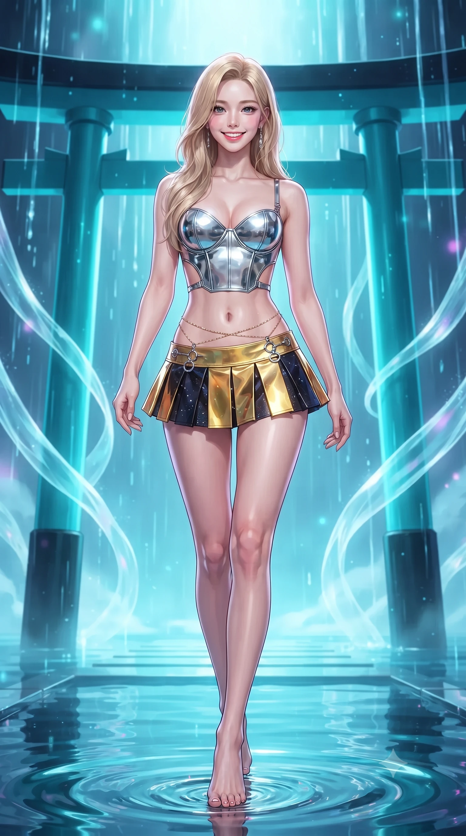 score_9, masterpiece, best quality, ultra-detailed, high-budget anime keyframe, editorial fashion photography, tasteful artistic composition, Korean woman. low angle full-body shot from head to toe showing her feet, filling the entire 9:16 vertical frame with her statuesque presence, stretching her vertical silhouette. stepping forward in a confident stride, her long slender legs and curvaceous hips creating a dynamic, sweeping vertical line while standing poised on the mirrored water platform flanked by towering obsidian Torii gates pulsing with cyan neon, arching her spine with siren charisma as digital rain trickles in glowing ribbons. The background shows a soft-focus translucent digital rain cascades softened in cyber-shinto sacred sanctuary shallow focus. She has an exceptionally tall and slender model-like 8.5-heads proportion, an ultra-slim waist, a flat toned midriff, narrow delicate ribcage, and beautifully sculpted feminine hips creating a graceful, slim hourglass silhouette without any bulky heaviness, with impossibly long slender legs. sharp v-shaped jawline, high-bridge nose, intricate jewel-like sparkling eyes with depth, thick eyelashes, glossy parted lips with a natural peach sheen, bright cheerful beaming smile with an enchanting and coquettish sensual glint, exuding both youthful cute charm and seductive allure, flawlessly proportioned anatomical accuracy, strict slender model proportions, natural body alignment, perfectly sculpted long slender limbs, ultra-slim waistline, clean dynamic posture without body distortion. wearing a chrome-plated structured underwire bustier top paired with an ultra-short low-rise pleated micro mini skirt in solar-flare gold and interstellar onyx, adorned with delicate chrome ring hardware and cutouts along her slender waist, accented with a dainty gold belly chain resting across her flat midriff and curving hips, the precision-cut side openings and low-back scoop framing her graceful spine and the sensual sweep of her slim, toned hips. illuminated by mirrored water reflection bounce and sharp neon-violet rim lights defining her dewy collarbones, ultra-slim waist, and curvy hips. ultra-reflective glossy finish, specular highlights, rich textural contrasts, high-contrast stereoscopic depth, volumetric dynamic lighting, 2k, ultra detail, master piece, 9:16 ratio