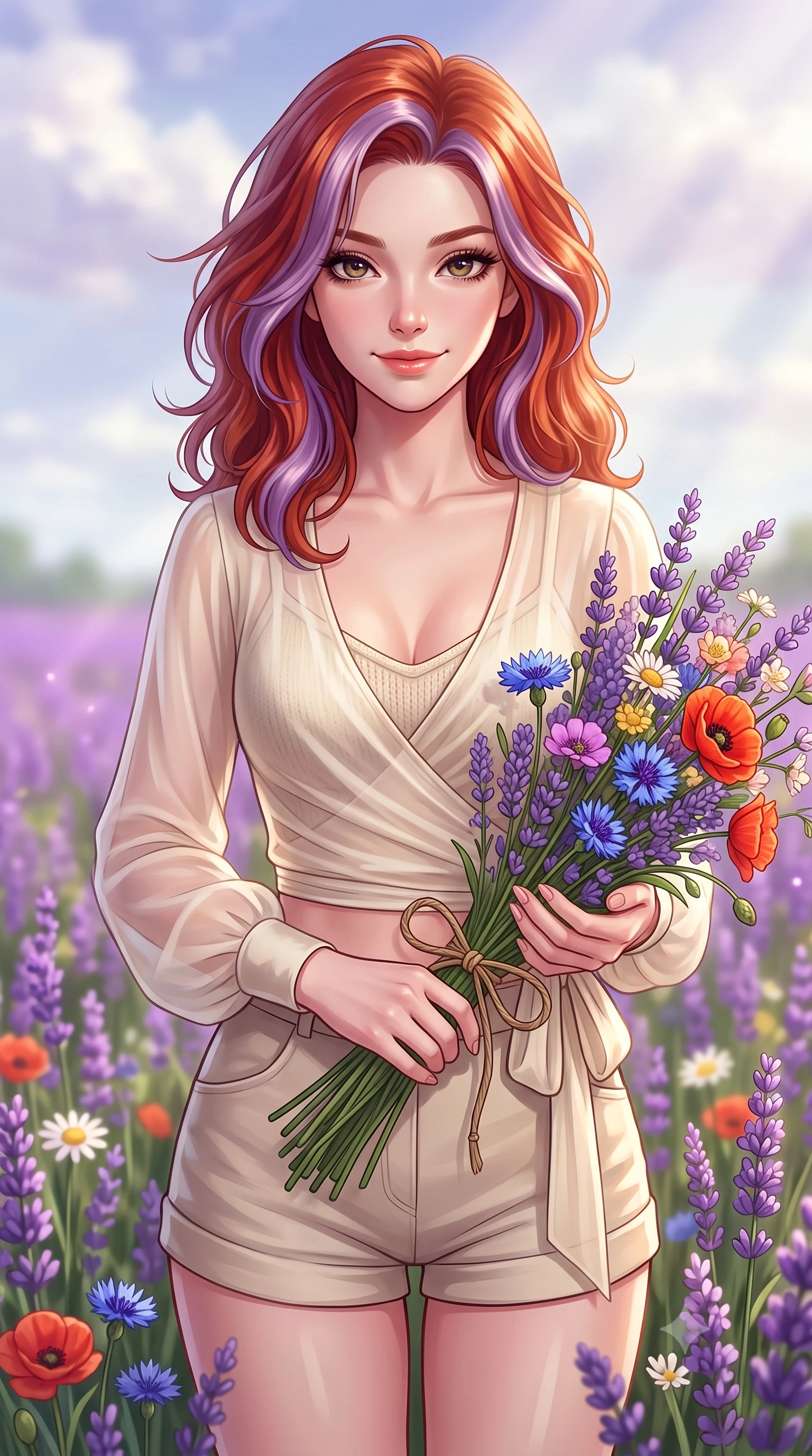 score_9, masterpiece, best quality, ultra-detailed, high-budget anime keyframe, editorial fashion photography, tasteful artistic composition, Caucasian woman. close-up cowboy shot from the waist and thighs up, the character dominates the composition, filling the frame with her large presence, background elements kept in soft focus. tilting her chin down slightly, looking up at the viewer with a sweet, charming smile set against a soft-focus background of surrounded by a beautiful purple meadow of blooming wild lavender holding a beautiful wildflower bouquet tied with a simple twine ribbon. She has an exceptionally elegant, slender, and willowy female figure with an ultra-slim waist, a gracefully sculpted slender torso, and a refined silhouette. sharp v-shaped jawline, high-bridge nose, intricate jewel-like eyes with depth, thick eyelashes, glossy lips with a natural sheen. wearing form-contouring sheer chiffon wrap top in cream, worn over a slim-fit knit bralette and low-cut shorts. soft afternoon sunbeams filtering through light clouds, casting gentle shadows. highly saturated vibrant anime colors, detailed shading with soft gradients, rich glossy textures, high-contrast stereoscopic depth, volumetric dynamic lighting, master piece, 9:16 ratio