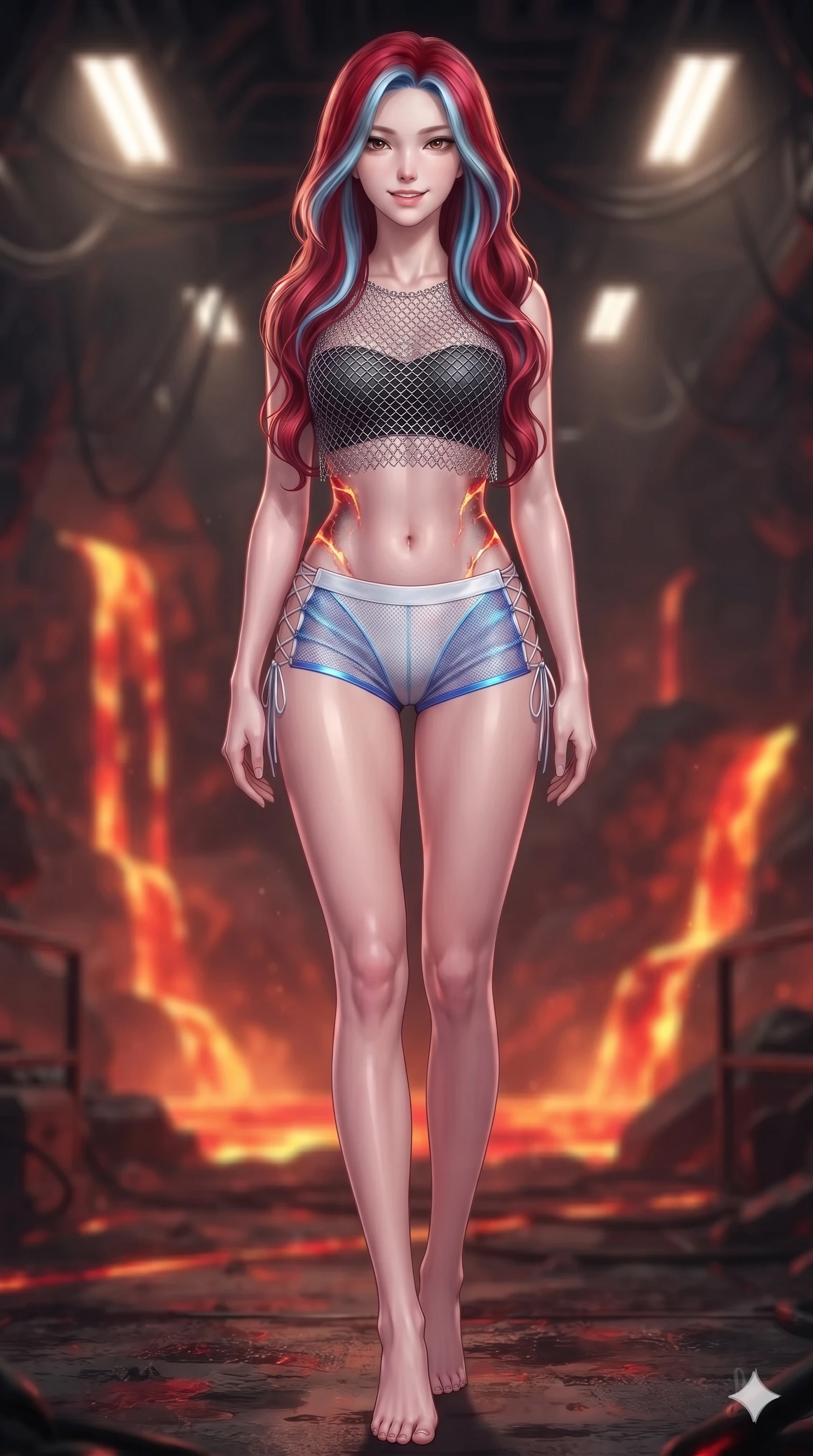 score_9, masterpiece, best quality, ultra-detailed, high-budget anime keyframe, editorial fashion photography, tasteful artistic composition, Caucasian woman. low angle full-body shot from head to toe showing her feet, filling the entire 9:16 vertical frame with her statuesque presence, stretching her vertical silhouette. stepping slowly toward the camera with hypnotic grace, hips swaying in an alluring sensual rhythm that accentuates her curvy hourglass silhouette and long slender legs while twisting her slender torso in an alluring contrapposto, fiery magma reflections painting glowing crimson and gold lines along her narrow waist and hips. The background shows a soft-focus dense volcanic cavern atmosphere softened in subterranean lava gantry shallow focus. She has an absolutely perfect, statuesque 8.5-heads proportion, an exceptionally tall and slender model-like female figure with impossibly long slender legs, an ultra-slim waist, a flat toned midriff, narrow delicate ribcage, and beautifully sculpted feminine hips creating a graceful, slim hourglass silhouette without any bulky heaviness. sharp v-shaped jawline, high-bridge nose, intricate jewel-like sparkling eyes with depth, thick eyelashes, glossy parted lips with a natural sheen, bright confident smile with an enchanting and coquettish sensual glint, exuding both youthful magnetic charm and sovereign high-tech allure, flawlessly proportioned anatomical accuracy, strict slender model proportions, natural body alignment, perfectly sculpted long slender limbs, ultra-slim waistline, clean dynamic posture without body distortion. wearing a delicate silver chainmail mesh crop top layered over a sculpted matte black bandeau with low-rise combat shorts in arctic snowflake white and electric plasma blue, woven from fine semi-opaque stretch illusion mesh tracing her slender contours, featuring fine criss-cross lace-up side ties revealing tantalizing glimpses of her hip curve, the glove-like clinging cut tightly following the natural contour of her hips and long slender legs with youthful 8.5-heads elegance. bathed in the radiant 2000K upward glow of the cascading magma river combined with overhead industrial quartz worklights. ultra-reflective glossy finish, specular highlights, rich textural contrasts, high-contrast stereoscopic depth, volumetric dynamic lighting, 2k, ultra detail, master piece, 9:16 ratio