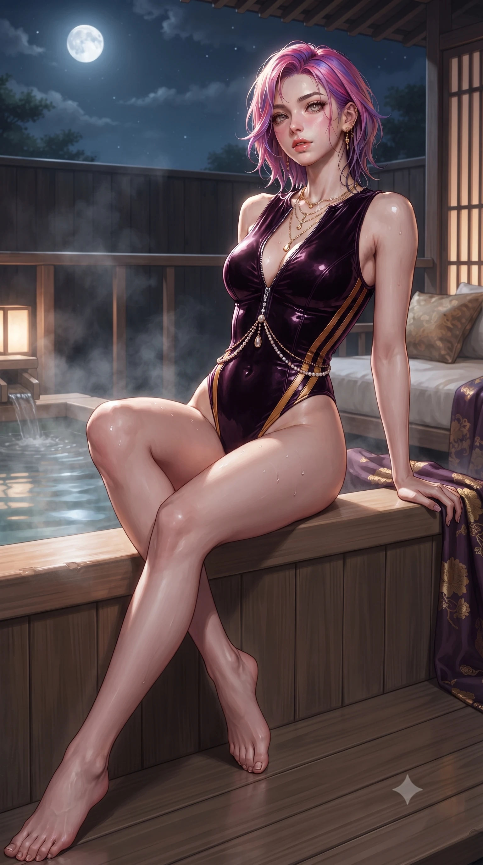 score_9, masterpiece, best quality, ultra-detailed, high-budget anime keyframe, editorial fashion photography, tasteful artistic composition, Caucasian woman. low angle full-body shot from head to toe showing her feet, filling the entire 9:16 vertical frame with her statuesque presence, stretching her vertical silhouette. lounging on the lavish daybed with legs crossed and hips angled toward the camera, displaying her toned midriff and long slender limbs with effortless siren poise while sitting on the aromatic Hinoki cedar rim of the steaming outdoor bath, arching her back with wet-look siren grace under the moon. The surrounding environment is rendered in vivid detail and crisp panoramic clarity: detailed semi-sheer silk kimono robe cling, delicate gold jewelry shine, and bespoke ryokan timber craft in razor-sharp precision. She has an absolutely perfect, statuesque 8.5-heads proportion, an exceptionally tall and slender model-like female figure with impossibly long slender legs, an ultra-slim waist, a flat toned midriff, narrow delicate ribcage, and beautifully sculpted feminine hips creating a graceful, slim hourglass silhouette without any bulky heaviness. sharp v-shaped jawline, high-bridge nose, sparkling eyes with hypnotic seductive depth, thick curled eyelashes, glossy parted lips with a natural dewy peach sheen, alluring bedroom-eyes with an enchanting coquettish smile, exuding magnetic siren charisma and sophisticated glamour, flawlessly proportioned anatomical accuracy, strict slender model proportions, natural body alignment, perfectly sculpted long slender limbs, ultra-slim waistline, clean dynamic posture without body distortion. wearing a form-contouring wet-look neoprene zip-front maillot with high-cut leg openings and racing side stripes in warm amber honey and antique gold leaf, tailored from ultra-plush velvet with rich tactile depth and deep shadow gradients, accented with a pearl-drop body harness subtly framing her dewy collarbones and spine, the precision-cut side openings and low-back scoop framing her graceful spine and the sensual sweep of her slim, toned hips. illuminated by hot water steam scatter and sharp silvery rim lights sculpting her jawline, narrow waist, and voluptuous hip curves. ultra-reflective glossy finish, specular highlights, rich textural contrasts, high-contrast stereoscopic depth, volumetric dynamic lighting, 2k, ultra detail, master piece, 9:16 ratio