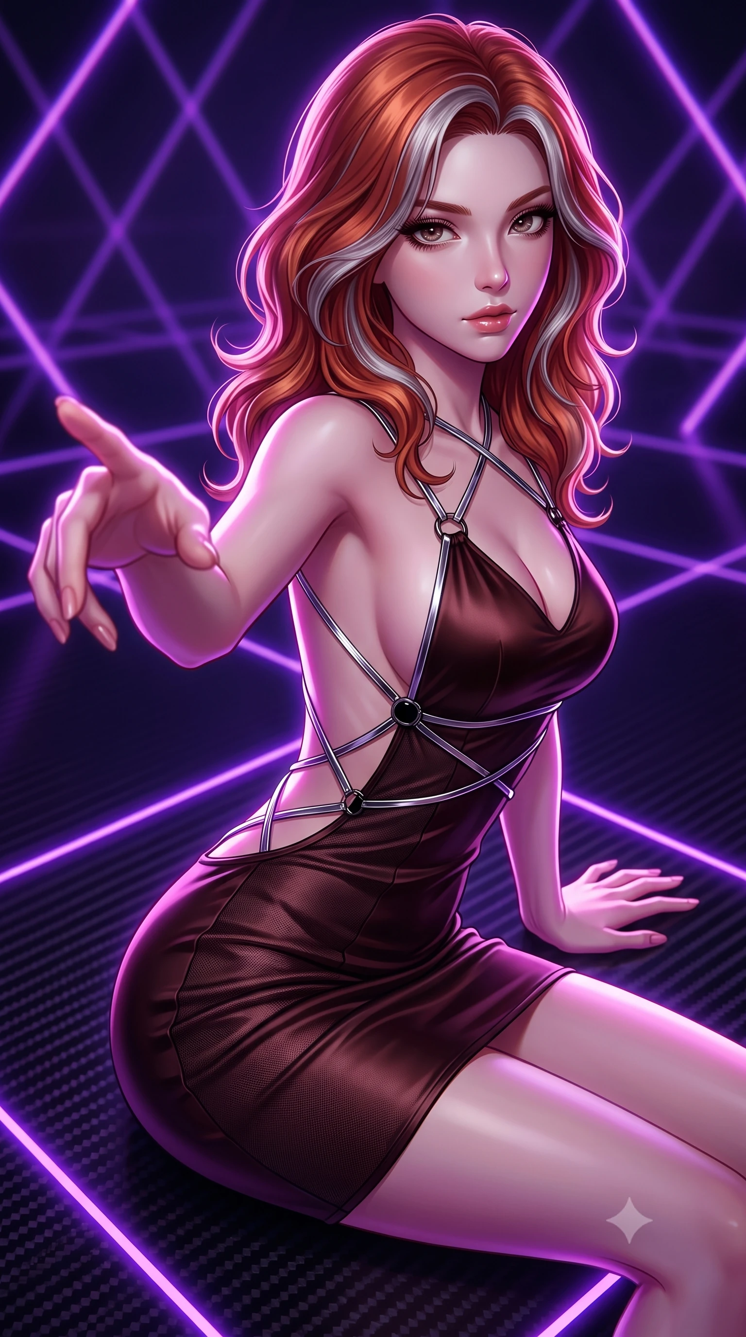 score_9, masterpiece, best quality, ultra-detailed, high-budget anime keyframe, editorial fashion photography, tasteful artistic composition, Caucasian woman. close-up cowboy shot from the waist and thighs up, the character dominates the composition, filling the frame with her large presence, background elements kept in soft focus. Reaching one hand toward the viewer with relaxed sensual elegance, poised on a dark carbon-fiber floor surrounded by glowing violet laser grid lines, sculpted athletic form contoured by a second-skin metallic bodysuit. She has an exceptionally elegant, slender, and willowy female figure with an ultra-slim waist, a gracefully sculpted slender torso, and a refined silhouette. sharp v-shaped jawline, high-bridge nose, intricate jewel-like eyes with depth, thick eyelashes, glossy lips with a natural sheen. wearing dramatically scooped backless dark satin mini dress with criss-cross chrome straps in dark mahogany, made of fine dark contouring mesh, adorned with minimalist black onyx hardware framing the silhouette, contouring every curve with an exceptionally elegant silhouette. bathed in high-contrast digital neon rim light and pitch-dark ambient shadows. highly saturated vibrant anime colors, detailed shading with soft gradients, rich glossy textures, high-contrast stereoscopic depth, volumetric dynamic lighting, master piece, 9:16 ratio
