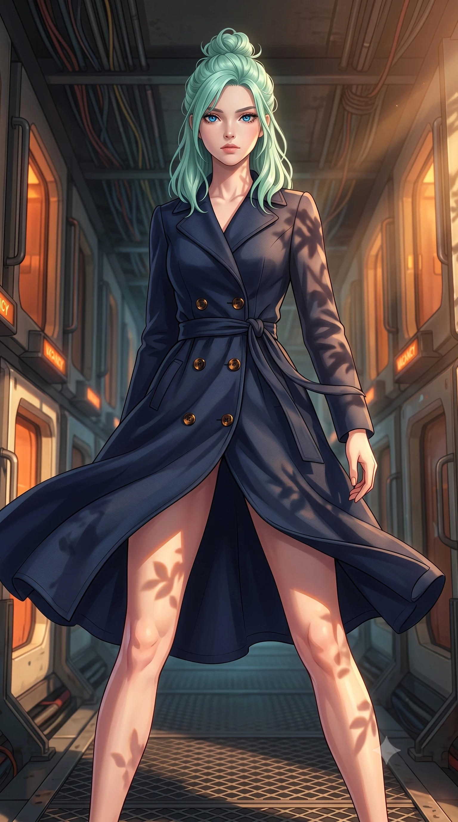 score_9, masterpiece, best quality, ultra-detailed, high-budget anime keyframe, editorial fashion photography, tasteful artistic composition, Japanese woman. close-up cowboy shot from the waist and thighs up, the character dominates the composition, filling the frame with her large presence, background elements kept in soft focus. Standing proud on the bridge, looking down at the viewer with quiet authority and a cold composure. set against a soft-focus background of a narrow corridor of a capsule hotel in the slums, capsule doors glowing with orange vacancy lights, wires bundle along the ceiling. She has an exceptionally elegant and slender, willowy female figure with an ultra-slim waist, a gracefully sculpted slender torso, and a refined slim physique. sharp v-shaped jawline, high-bridge nose, intricate jewel-like eyes with depth, thick eyelashes, glossy lips with a natural sheen. wearing the lightweight fabric rippling and billowing dramatically with her movement, a slim-fit sophisticated navy wool coat dress with tortoiseshell buttons and a tailored fabric belt. highly saturated vibrant anime colors, intense vivid color palette, soft 3D volumetric shading, volumetric dynamic lighting, warm golden afternoon sunbeams casting soft organic leaf shadows across her skin. 2k, ultra detail, master piece, 9:16 ratio