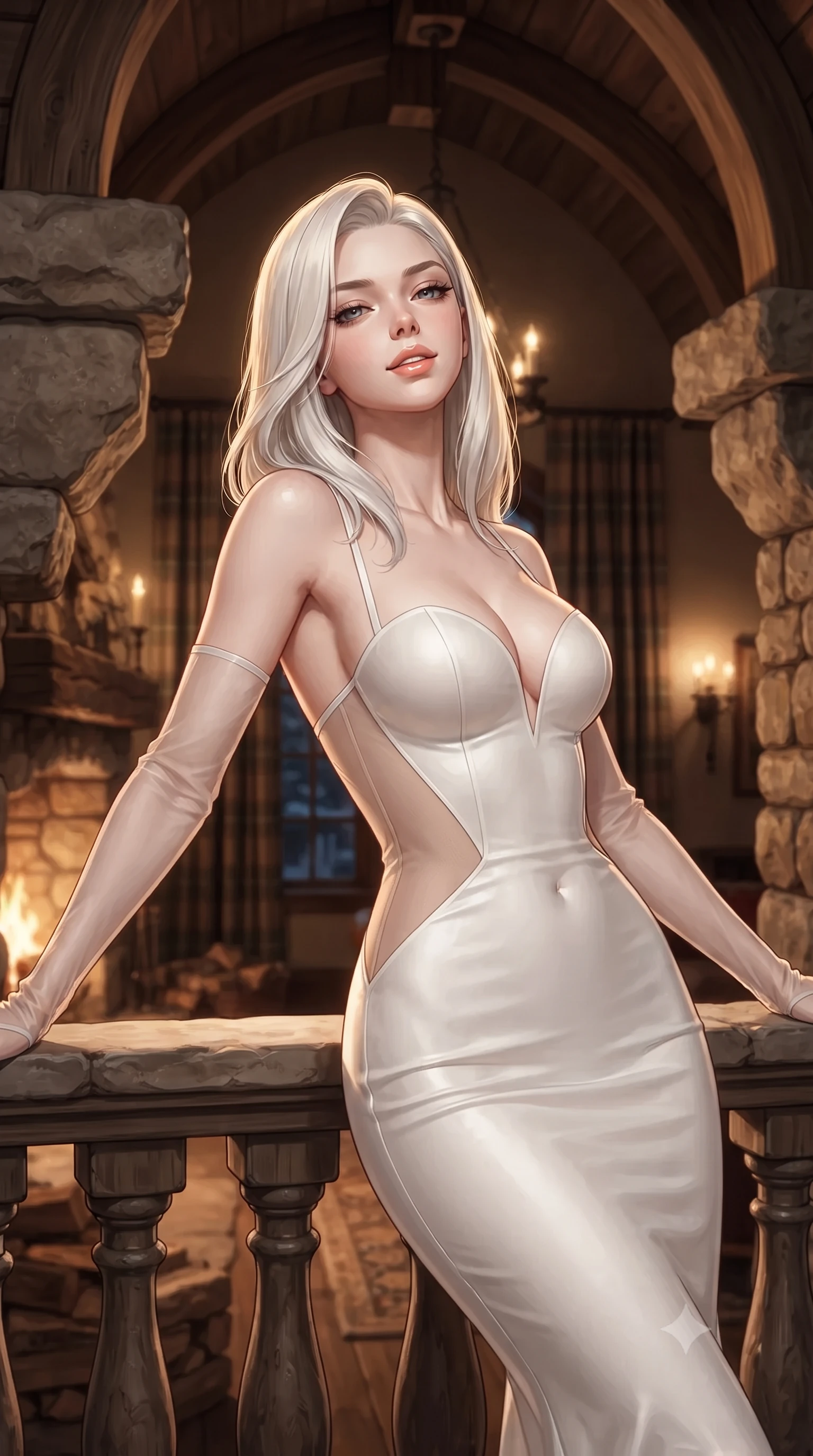 score_9, masterpiece, best quality, ultra-detailed, high-budget anime keyframe, editorial fashion photography, tasteful artistic composition, Caucasian woman. close-up cowboy shot from the waist and thighs up, the character dominates the composition, filling the frame with her large presence. leaning back against the balustrade with relaxed seductive grace, head tilted back slightly while casting a hypnotic, heavy-lidded gaze while standing poised between massive rough-hewn stone fireplace corbels beneath soaring timber barrel vaults, arching her lower back with sovereign supermodel grace as tallow candle chandeliers flicker in the draft. The background shows a soft-focus billowing wool tartan draperies softened in medieval Highland stronghold shallow focus. She has an exceptionally elegant, slender, and willowy female figure with an ultra-slim waist, flat toned midriff, narrow ribcage, and sculpted feminine hips creating an alluring, slim hourglass silhouette without bulk. sharp v-shaped jawline, high-bridge nose, intricate jewel-like sparkling eyes with depth, thick eyelashes, glossy parted lips with a natural peach sheen, bright cheerful beaming smile with an enchanting and coquettish sensual glint, exuding both youthful cute charm and seductive allure, flawlessly proportioned anatomical accuracy, strict slender model proportions, natural body alignment, perfectly sculpted long slender limbs, ultra-slim waistline, clean dynamic posture without body distortion. wearing an alluring plunging sweetheart bustier dress with sheer mesh side-waist cutouts contouring her ribs in pure translucent crystal white and liquid platinum, crafted from bespoke double-faced cashmere with an exceptionally soft tactile finish, complemented by sheer opera-length evening gloves tracing her slender arms, the second-skin tailored fabric adhering flawlessly to her sculpted flat midriff and slender torso, emphasizing her long leg lines and perfectly proportioned willowy build. bathed in the warm radiant 2200K glow of the roaring stone fireplace mixed with soft tallow candle flame sconces. ultra-reflective glossy finish, specular highlights, rich textural contrasts, high-contrast stereoscopic depth, volumetric dynamic lighting, 2k, ultra detail, master piece, 9:16 ratio