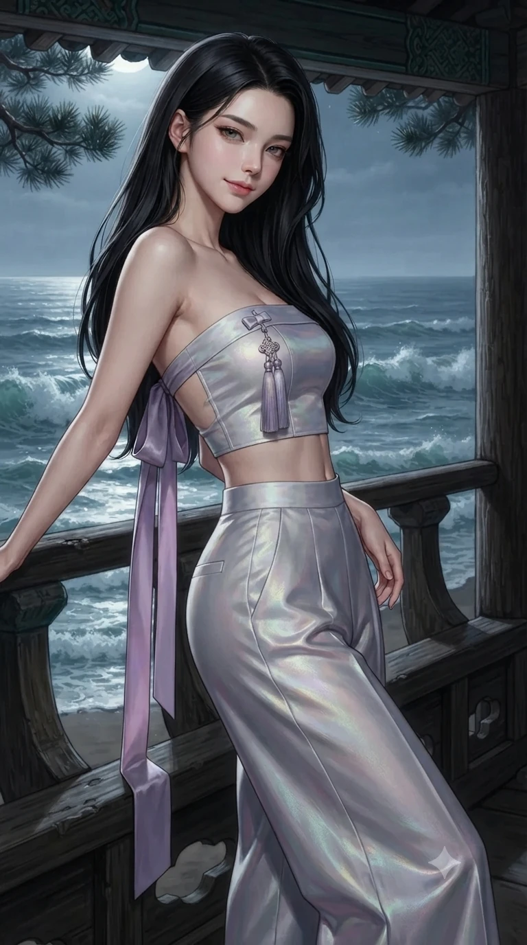 score_9, masterpiece, best quality, ultra-detailed, high-budget anime keyframe, editorial fashion photography, tasteful artistic composition, Korean woman. close-up cowboy shot from the waist and thighs up, the character dominates the composition, filling the frame with her large presence. leaning back against the balustrade with relaxed seductive grace, head tilted back slightly while casting a hypnotic, heavy-lidded gaze while twisting her slender torso in an alluring contrapposto stance, dramatic moonlight and breaking wave spray tracing her flat midriff and hips. The surrounding environment is rendered in vivid detail and crisp panoramic clarity: sharp pine bark textures, wooden pillar grain, and crashing wave crest clarity in deep focus. She has an exceptionally elegant, slender, and willowy female figure with an ultra-slim waist, flat toned midriff, narrow ribcage, and sculpted feminine hips creating an alluring, slim hourglass silhouette without bulk. sharp v-shaped jawline, high-bridge nose, sparkling eyes with hypnotic seductive depth, thick curled eyelashes, glossy parted lips with a natural dewy peach sheen, alluring bedroom-eyes with an enchanting coquettish smile, exuding magnetic siren charisma and sophisticated glamour, flawlessly proportioned anatomical accuracy, strict slender model proportions, natural body alignment, perfectly sculpted long slender limbs, ultra-slim waistline, clean dynamic posture without body distortion. wearing a modern strapless boned hanbok bustier with traditional norigae tassel accents paired with high-waisted wide-leg silk trousers in iridescent mother-of-pearl and misty lavender, tailored from heavy double-faced silk faille with an exceptionally fluid drape, finished with long silk ribbon ties fluttering down her bare spine from a backless halter, the liquid-tight tailored fabric clinging flawlessly to her narrow waist and rounded feminine hips, emphasizing every millimeter of her sculpted slim hourglass curves without any bulky heaviness. bathed in brilliant horizontal moonlight sweeping across the ocean surface and into the open timber pavilion. ultra-reflective glossy finish, specular highlights, rich textural contrasts, high-contrast stereoscopic depth, volumetric dynamic lighting, 2k, ultra detail, master piece, 9:16 ratio