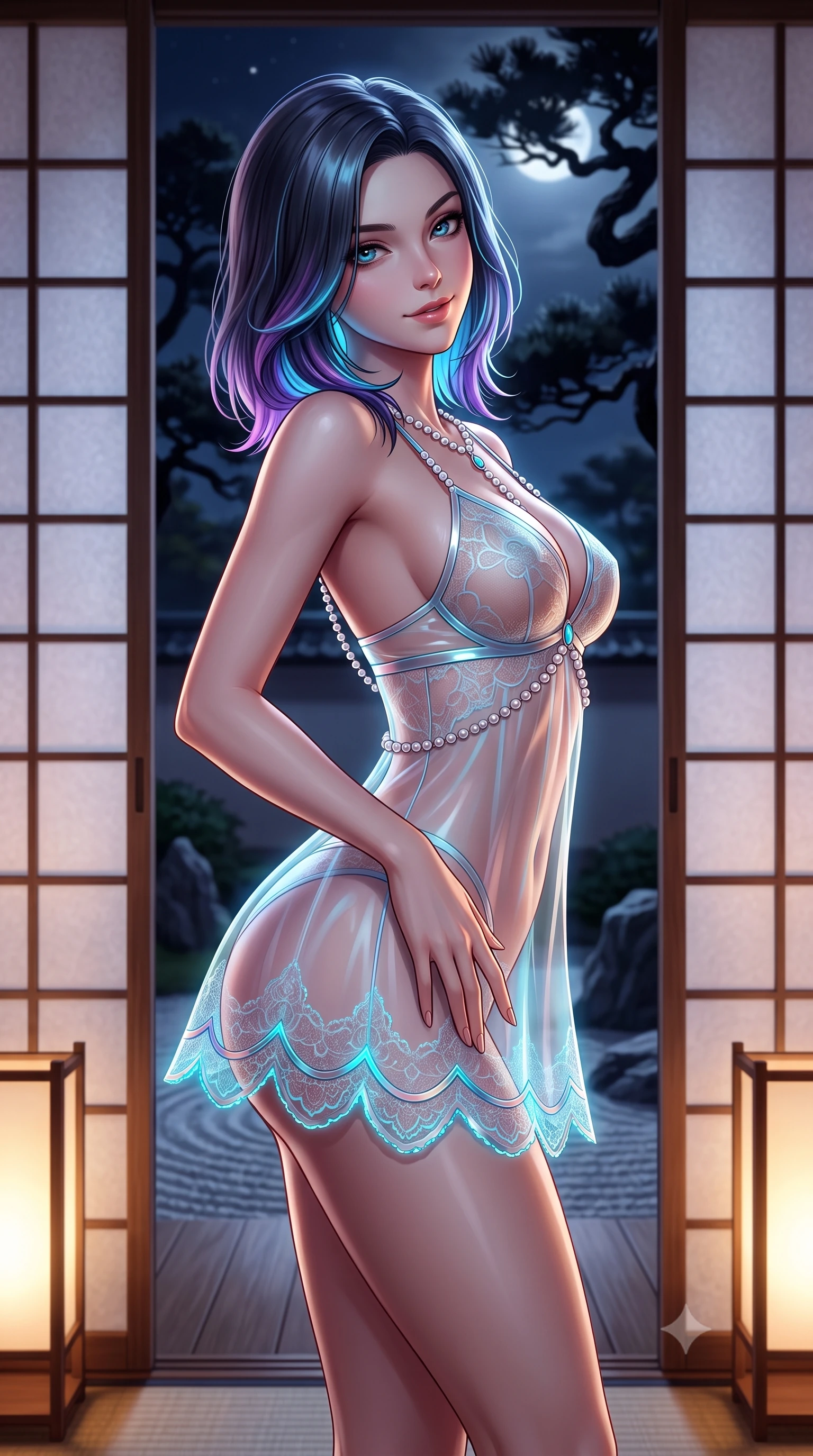 score_9, masterpiece, best quality, ultra-detailed, high-budget anime keyframe, semi-realistic 3D game render, editorial fashion photography, tasteful artistic composition, Caucasian woman. close-up cowboy shot from the waist and thighs up, the character dominates the composition, filling the frame with her large presence. tilting her head with a teasing half-smile, running one hand slowly down the side of her hip in a flirtatious S-curve as ambient light caresses her silhouette while standing poised beside the floor-to-ceiling opened shoji screens overlooking the dry rock garden, arching her spine with geisha-inspired supermodel poise as moonlight silhouettes twisted black pines. The background shows a soft-focus translucent washi paper shoji screens softened in Kyoto nocturnal Zen romance shallow focus. She has an exceptionally elegant, slender, and willowy female figure with an ultra-slim waist, flat toned midriff, narrow ribcage, and sculpted feminine hips creating an alluring, slim hourglass silhouette without bulk. sharp v-shaped jawline, high-bridge nose, intricate jewel-like sparkling eyes with depth, thick eyelashes, glossy parted lips with a natural peach sheen, bright cheerful beaming smile with an enchanting and coquettish sensual glint, exuding both youthful cute charm and seductive allure, flawlessly proportioned anatomical accuracy, strict slender model proportions, natural body alignment, perfectly sculpted long slender limbs, ultra-slim waistline, clean dynamic posture without body distortion. wearing a translucent liquid-latex trimmed sheer lace babydoll with delicate fiber-optic trim along the scalloped hem in Neo-Carthage holographic cyan and solar chrome, made of fluid liquid jersey with seamless sculpting hold and smooth contours, accented with a pearl-drop body harness subtly framing her dewy collarbones and spine, the second-skin tailored fabric adhering flawlessly to her sculpted flat midriff and slender torso, emphasizing her long leg lines and perfectly proportioned willowy build. bathed in the soft, intimate 2200K ambient illumination of traditional washi andon lamps mixed with cool silver moonlight. highly saturated vibrant anime colors, detailed shading with soft gradients, rich glossy textures, high-contrast stereoscopic depth, volumetric dynamic lighting, master piece, 9:16 ratio