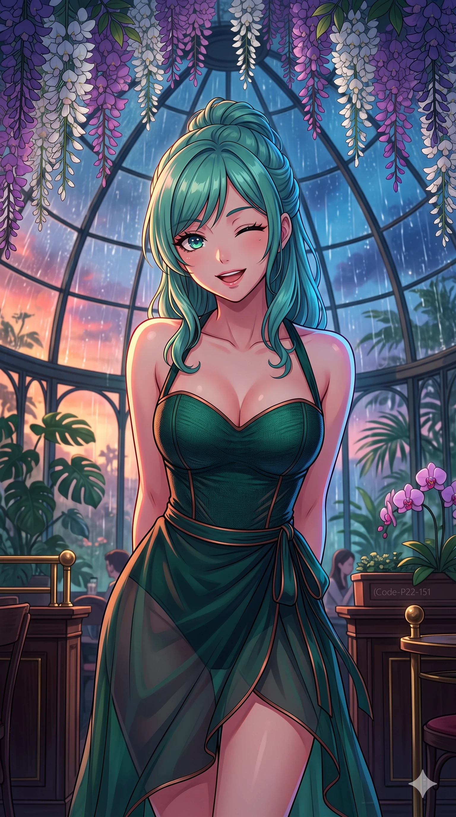 score_9, masterpiece, best quality, ultra-detailed, high-budget anime keyframe, vibrant anime aesthetic, Japanese woman. close-up cowboy shot from the waist and thighs up, the character dominates the composition, filling the frame with her large presence, background elements kept in soft focus. She is standing under wisteria vines, winking with a cheerful and lively face, looking directly into the lens with a lively, expressive stance. the background shows a soft-focus glass greenhouse dome filled with tropical monstera and orchids, with heavy rain pouring outside on the glass panels (Code-P22-151). She has an absolutely perfect proportion, an exceptionally elegant and slender female figure with an ultra-slim waist. V-shaped jawline, high-bridge nose, intricate jewel-like eyes with depth, thick eyelashes, glossy lips with a natural sheen. wearing a structured textured bodice with a sweetheart neckline and a translucent chiffon wrap skirt in dark emerald and copper details. She is lit by vibrant twilight sky reflections, tracing her shoulders and neckline, outlining her elegant silhouette inside the retro conservatory cafe. 2k, ultra detail, master piece, 9:16 ratio
