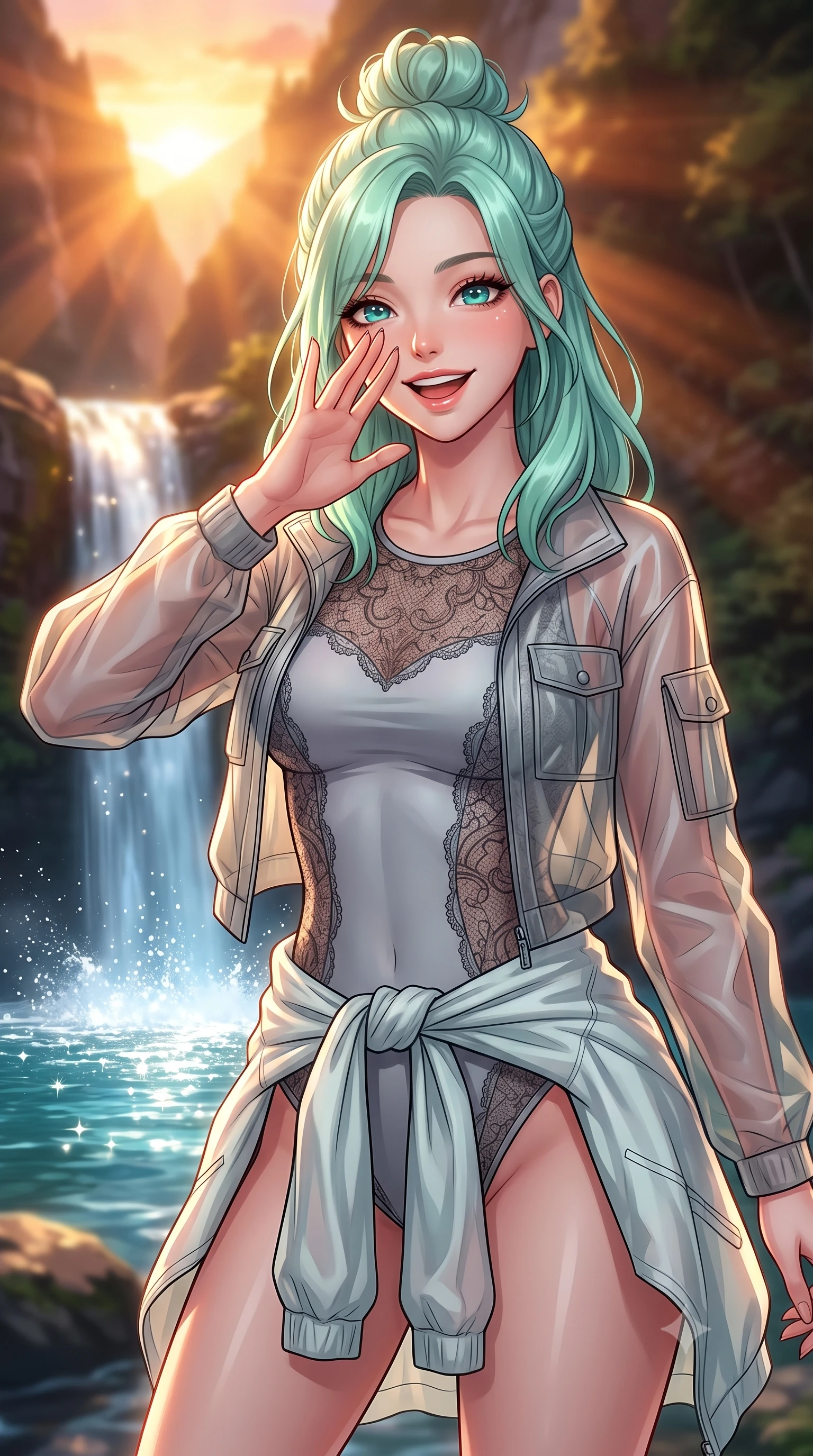 score_9, masterpiece, best quality, ultra-detailed, high-budget anime keyframe, editorial fashion photography, tasteful artistic composition, Japanese woman. close-up cowboy shot from the waist and thighs up, the character dominates the composition, filling the frame with her large presence, background elements kept in soft focus. giggling cutely behind her hand, her eyes sparkling with joy and bright energy set against a soft-focus background of near a beautiful forest waterfall with clean water splashing into a pool carrying a light windbreaker jacket tied around her waist. She has an exceptionally elegant, slender, and willowy female figure with an ultra-slim waist, a gracefully sculpted slender torso, and a refined silhouette. sharp v-shaped jawline, high-bridge nose, intricate jewel-like eyes with depth, thick eyelashes, glossy lips with a natural sheen. wearing slim-fit sleek bodysuit featuring fine dark lace pattern details and a sheer utility jacket. golden hour sunset light slicing through the valley gorge in warm rays. highly saturated vibrant anime colors, detailed shading with soft gradients, rich glossy textures, high-contrast stereoscopic depth, volumetric dynamic lighting, master piece, 9:16 ratio