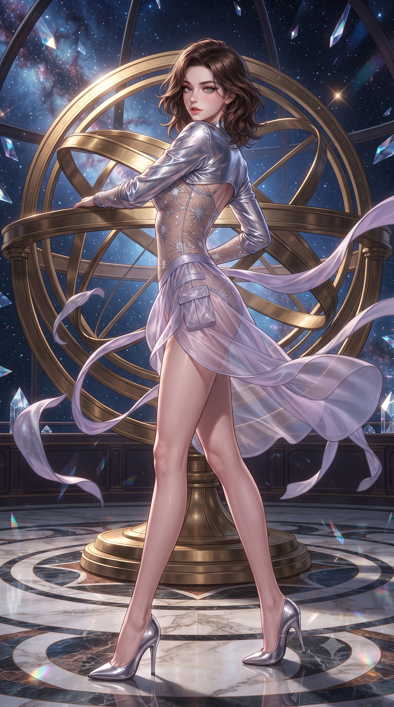 score_9, masterpiece, best quality, ultra-detailed, high-budget anime keyframe, editorial fashion photography, tasteful artistic composition, Korean woman. low angle full-body shot from head to toe showing her feet, filling the entire 9:16 vertical frame with her statuesque presence, stretching her vertical silhouette. executing an elegant mid-motion pivot turn as garments swirl around her slender limbs, glancing over her shoulder with an intoxicating bedroom-gaze while leaning back against the polished brass rings of a colossal rotating armillary sphere, hips tilted in a seductive contrapposto stance. The surrounding environment is rendered in vivid detail and crisp panoramic clarity. detailed deep-space nebula filaments, crystal prism reflections, and marble floor inlay in high clarity. She has an absolutely perfect, statuesque 8.5-heads proportion, an exceptionally tall and slender model-like female figure with impossibly long slender legs, a toned flat midriff, an ultra-slim waist, and beautifully sculpted feminine hips. sharp v-shaped jawline, high-bridge nose, intricate jewel-like eyes with depth, thick eyelashes, glossy parted lips with a natural sheen, intensely captivating and seductive bedroom-eyes expression, flawlessly proportioned anatomical accuracy, strict slender model proportions, natural body alignment, perfectly sculpted long slender limbs, ultra-slim waistline, clean dynamic posture without body distortion. wearing a futuristic sheer mesh bodysuit layered under a metallic silver shrug bolero and micro cargo skirt in ethereal lilac mist and celestial silver, made of sheer contouring power-mesh with silver starburst flocking, complemented by floating celestial silk ribbons catching the nebula light, the liquid-tight tailored fabric clinging flawlessly to her narrow waist and rounded feminine hips, emphasizing every millimeter of her sculpted hourglass curves during movement. illuminated by starlight edge lights carving her slender waist, bare collarbones, and feminine hip line. ultra-reflective glossy finish, specular highlights, rich textural contrasts, high-contrast stereoscopic depth, volumetric dynamic lighting, 2k, ultra detail, master piece, 9:16 ratio