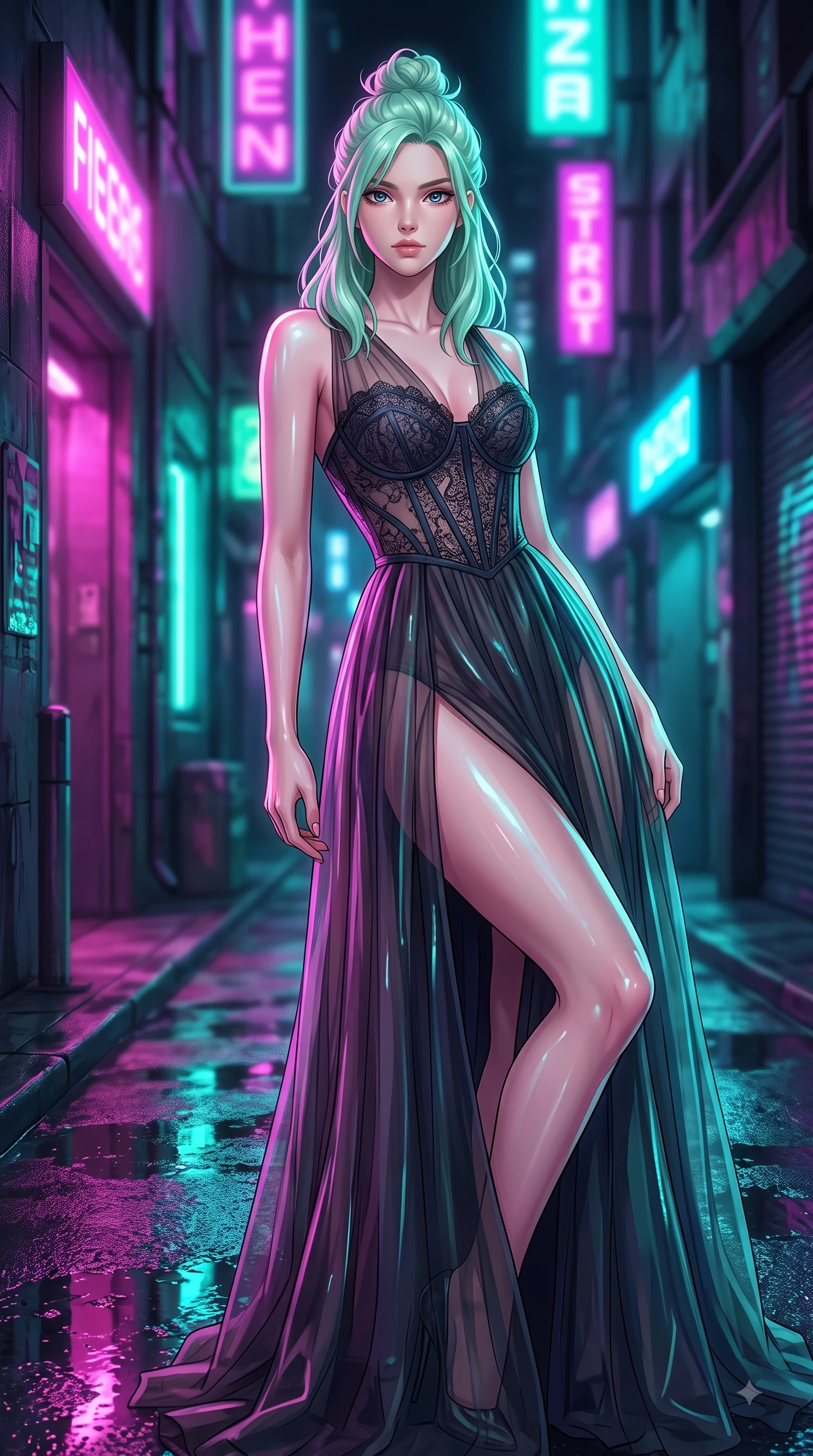 score_9, masterpiece, best quality, ultra-detailed, high-budget anime keyframe, editorial fashion photography, tasteful artistic composition, Japanese woman woman. close-up cowboy shot from the waist and thighs up, the character dominates the composition, filling the frame with her large presence, background elements kept in soft focus. She has an exceptionally elegant, slender, and willowy female figure with an ultra-slim waist, a gracefully sculpted slender torso, and a refined silhouette. leaning back effortlessly against the surrounding architecture with an air of magnetic superiority, flawlessly proportioned anatomical accuracy, natural body alignment, perfectly sculpted elegant limbs, clean dynamic posture without body distortion. set against a soft-focus background of a cyberpunk alley with wet asphalt reflecting rain. wearing a dark sheer tulle evening gown with an intricate lace corset and daring thigh-high slit. drenched in wet neon reflections of magenta and turquoise casting glossy specular highlights. highly saturated vibrant anime colors, detailed shading with soft gradients, rich glossy textures, high-contrast stereoscopic depth, volumetric dynamic lighting, master piece, 9:16 ratio
