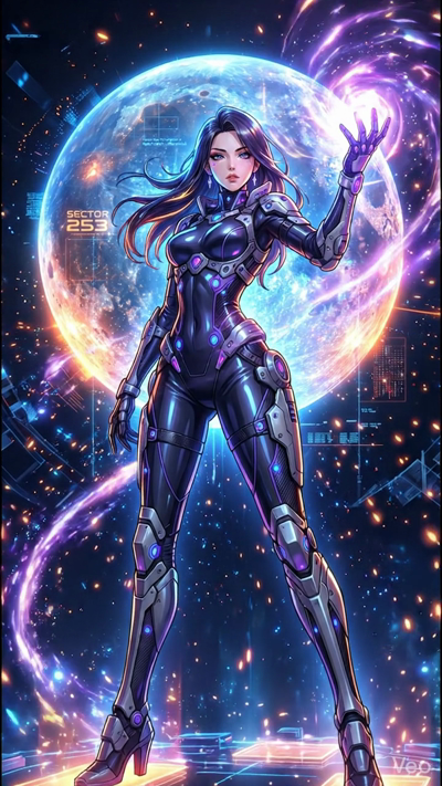 A cinematic 8-second video of a futuristic woman in advanced cybernetic armor standing before a massive, glowing blue lunar sphere in deep space. She slowly raises her hand as a mesmerizing vortex of starlight and purple energy swirls around her palm
