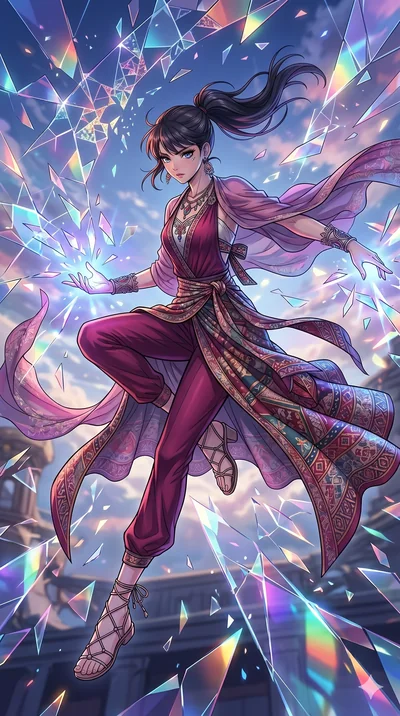 score_9, masterpiece, best quality, ultra-detailed, high-budget anime movie keyframe, cinematic anime lighting, intricate line art, Japanese woman. Mid-air action shot capturing a graceful twist and vertical silhouette. casting a spell that shatters 