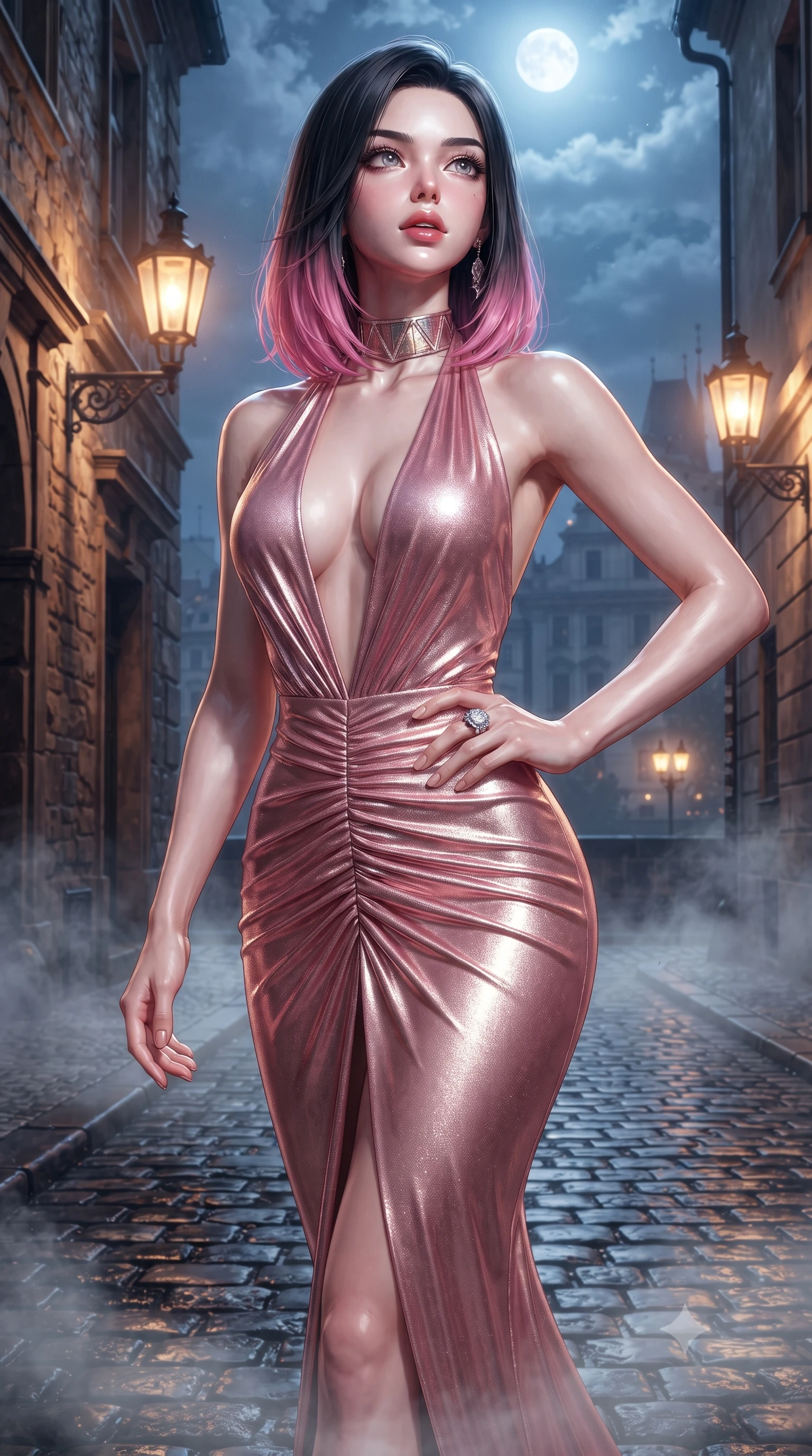 score_9, masterpiece, best quality, ultra-detailed, high-budget anime keyframe, editorial fashion photography, tasteful artistic composition, Korean woman. close-up cowboy shot from the waist and thighs up, the character dominates the composition, filling the frame with her large presence. tilting her chin up with proud, sovereign allure while gazing through thick eyelashes, one hand resting on her waist in pure supermodel charisma while striding across the cobblestone terrace as Vltava river mist curls around her ankles, her velvet gown tightly hugging her feminine curves. The surrounding environment is rendered in vivid detail and crisp panoramic clarity. sharp weathered sandstone masonry grain, iron lantern brackets, and wet cobblestone reflections in deep focus. She has an exceptionally elegant, slender, and willowy female figure with an ultra-slim waist, flat toned midriff, narrow ribcage, and sculpted feminine hips creating an alluring, slim hourglass silhouette without bulk. sharp v-shaped jawline, high-bridge nose, intricate jewel-like eyes with depth, thick eyelashes, glossy parted lips with a natural sheen, intensely captivating and seductive bedroom-eyes expression, flawlessly proportioned anatomical accuracy, strict slender model proportions, natural body alignment, perfectly sculpted long slender limbs, ultra-slim waistline, clean dynamic posture without body distortion. wearing a plunging halter-neck metallic lamé column dress with a dramatic bare spine and hip-defining ruching in sakura blossom pink and warm ivory, made of fluid silk crepe with delicate inner corsetry boning, complemented by a bold geometric choker and sparkling cocktail ring, the liquid-tight tailored fabric clinging flawlessly to her narrow waist and rounded feminine hips, emphasizing every millimeter of her sculpted slim hourglass curves without any bulky heaviness. bathed in cool silver moonlight from above and warm amber gas-lamp lantern downlights. ultra-reflective glossy finish, specular highlights, rich textural contrasts, high-contrast stereoscopic depth, volumetric dynamic lighting, 2k, ultra detail, master piece, 9:16 ratio