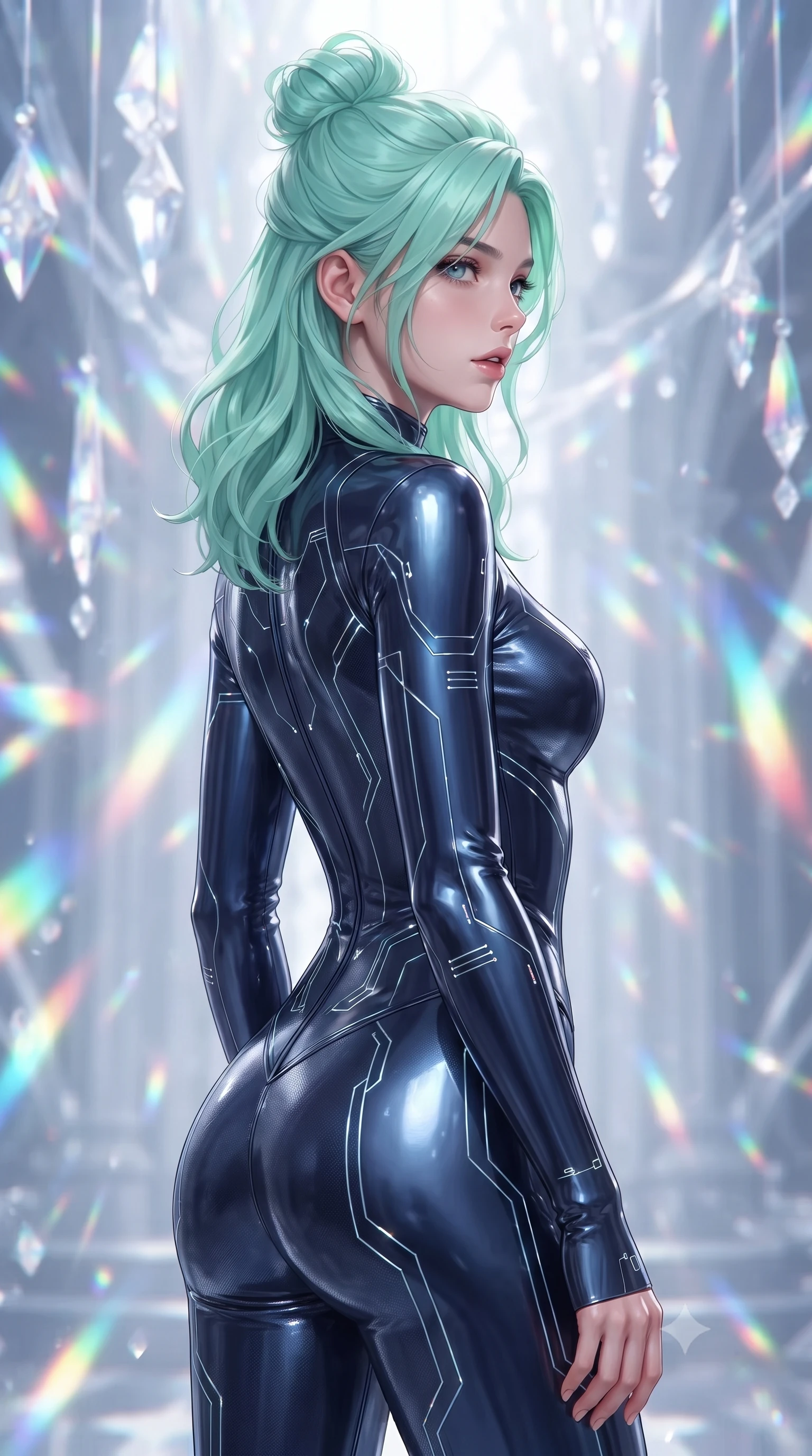 score_9, masterpiece, best quality, ultra-detailed, high-budget anime keyframe, editorial fashion photography, tasteful artistic composition, Japanese woman. close-up cowboy shot from the waist and thighs up, the character dominates the composition, filling the frame with her large presence, background elements kept in soft focus. turning her face in profile to look over her shoulder, casting a smoldering side gaze with lips slightly parted, the background shows a soft-focus a cathedral made of stilled light waves, frozen in time and space. She has an exceptionally elegant, slender, and willowy female figure with an ultra-slim waist, a gracefully sculpted slender torso, and a refined silhouette. sharp v-shaped jawline, high-bridge nose, intricate jewel-like eyes with depth, thick eyelashes, glossy lips with a natural sheen. wearing a slim-fit body-hugging deep navy nano-texturing catsuit decorated with thin, glowing cybernetic circuitry lines. dazzling rainbow prismatic light refracting through stilled light crystals. ultra-reflective glossy finish, specular highlights, metallic sheen, high-contrast stereoscopic depth, volumetric dynamic lighting, 2k, ultra detail, master piece, 9:16 ratio