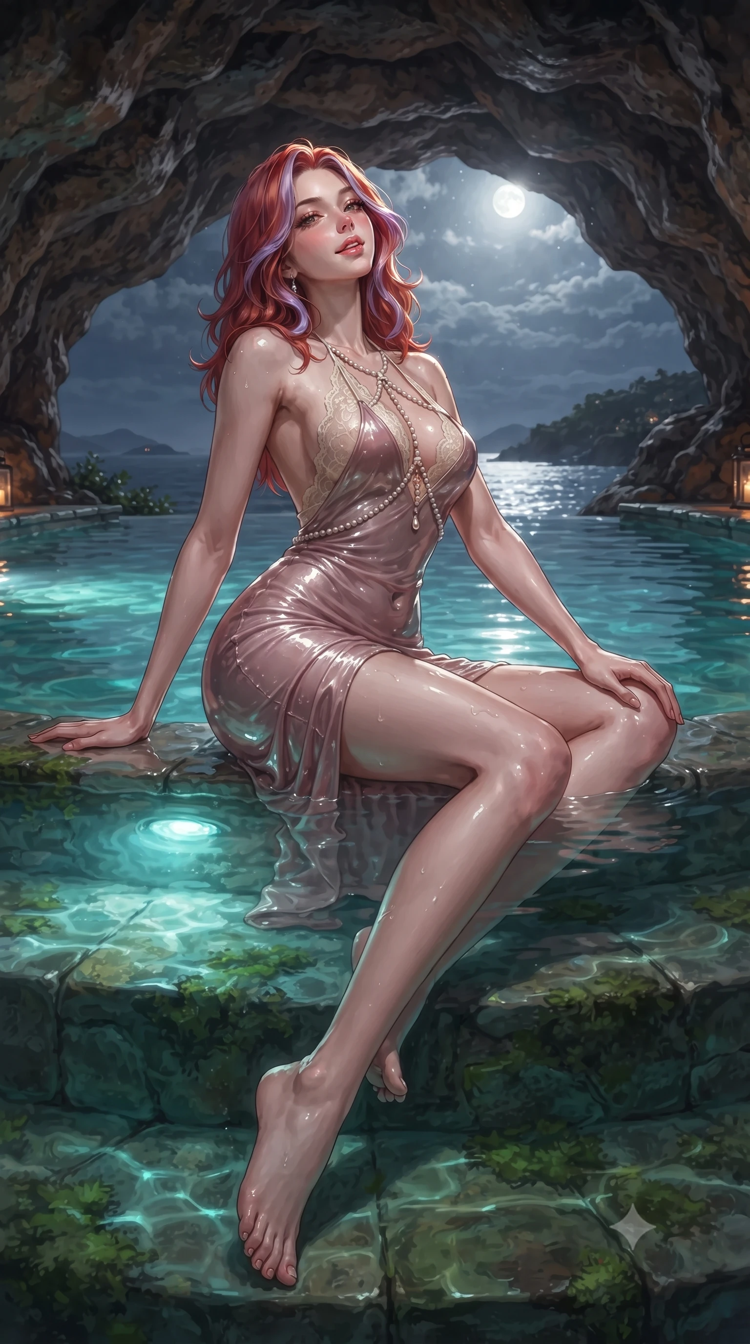 score_9, masterpiece, best quality, ultra-detailed, high-budget anime keyframe, editorial fashion photography, tasteful artistic composition, Caucasian woman. low angle full-body shot from head to toe showing her feet, filling the entire 9:16 vertical frame with her statuesque presence, stretching her vertical silhouette. sitting poised on the stone steps with one knee bent, arching her spine with supermodel elegance as she glances upward through thick eyelashes while lounging in the shallow heated pool propped on one elbow, her flat midriff and long slender legs commanding the panoramic island night vista. The background shows a soft-focus curving volcanic cave rock ceiling softened in intimate nocturnal resort shallow focus. She has an absolutely perfect, statuesque 8.5-heads proportion, an exceptionally tall and slender model-like female figure with impossibly long slender legs, an ultra-slim waist, a flat toned midriff, narrow delicate ribcage, and beautifully sculpted feminine hips creating a graceful, slim hourglass silhouette without any bulky heaviness. sharp v-shaped jawline, high-bridge nose, sparkling eyes with hypnotic seductive depth, thick curled eyelashes, glossy parted lips with a natural dewy peach sheen, alluring bedroom-eyes with an enchanting coquettish smile, exuding magnetic siren charisma and sophisticated glamour, flawlessly proportioned anatomical accuracy, strict slender model proportions, natural body alignment, perfectly sculpted long slender limbs, ultra-slim waistline, clean dynamic posture without body distortion. wearing a slinky backless halterneck column mini dress in shimmering liquid vinyl clinging like a second skin in dusky blush pink and warm ivory lace, crafted from wet-look high-gloss vinyl fabric with dazzling specular surface reflections, accented with a pearl-drop body harness subtly framing her dewy collarbones and spine, the form-contouring silhouette accentuating her sculpted flat midriff, narrow delicate ribcage, and gracefully curvy hips with intoxicating allure. bathed in luminous turquoise underwater pool illumination mixed with silver harvest moonlight streaming through the cave mouth. ultra-reflective glossy finish, specular highlights, rich textural contrasts, high-contrast stereoscopic depth, volumetric dynamic lighting, 2k, ultra detail, master piece, 9:16 ratio