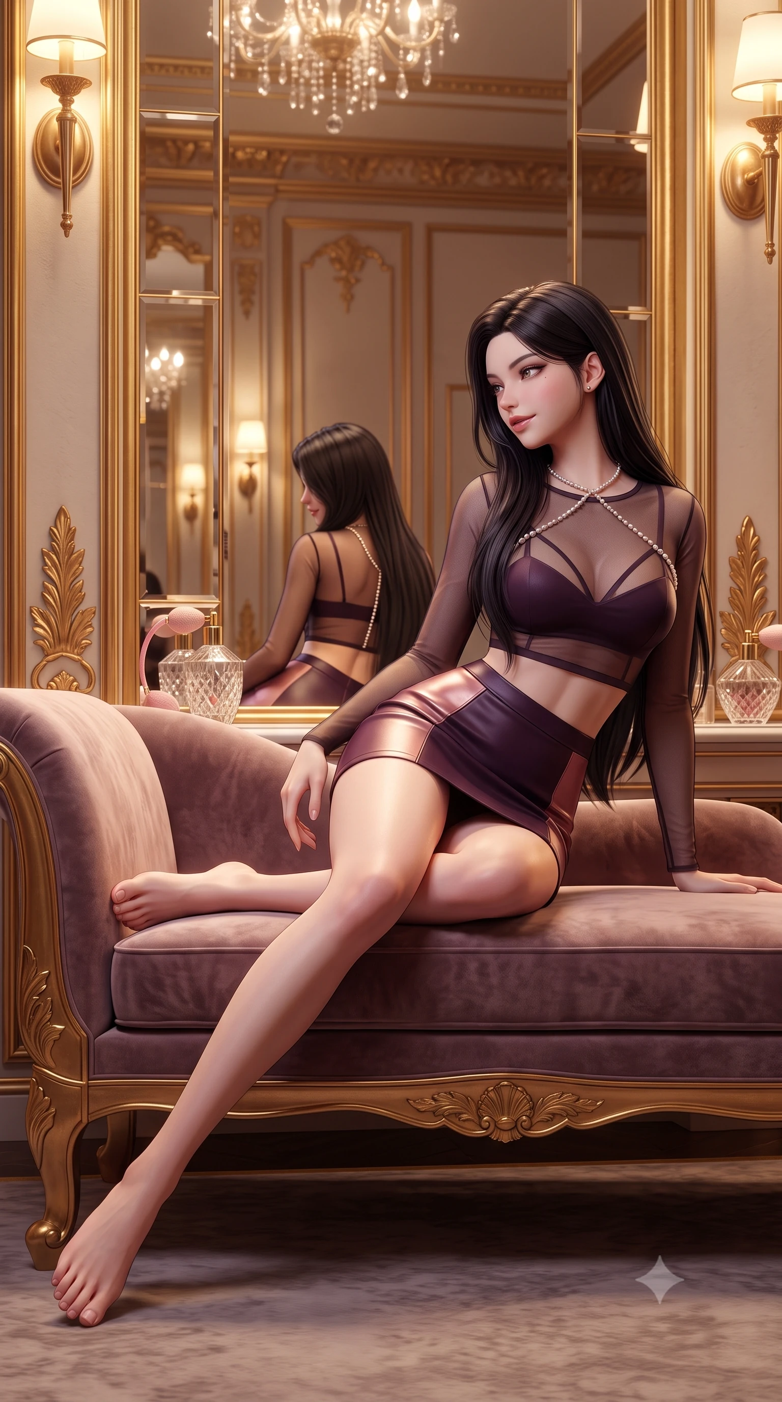 score_9, masterpiece, best quality, ultra-detailed, high-budget anime keyframe, semi-realistic 3D game render, editorial fashion photography, tasteful artistic composition, Korean woman. low angle full-body shot from head to toe showing her feet, filling the entire 9:16 vertical frame with her statuesque presence, stretching her vertical silhouette. reclining gracefully across the plush chaise lounge with one leg extended, her sculpted silhouette and flat midriff radiating magnetic nocturnal glamour while twisting her slender torso in an alluring contrapposto stance before the floor-to-ceiling gilded mirrors, admiring her hourglass silhouette. The surrounding environment is rendered in vivid detail and crisp panoramic clarity: sharp carved gilded wood leaf reliefs, bevelled mirror glass edges, and cut-crystal perfume atomizer facets in deep focus. She has an absolutely perfect, statuesque 8.5-heads proportion, an exceptionally tall and slender model-like female figure with impossibly long slender legs, an ultra-slim waist, a flat toned midriff, narrow delicate ribcage, and beautifully sculpted feminine hips creating a graceful, slim hourglass silhouette without any bulky heaviness. sharp v-shaped jawline, high-bridge nose, sparkling eyes with hypnotic seductive depth, thick curled eyelashes, glossy parted lips with a natural dewy peach sheen, alluring bedroom-eyes with an enchanting coquettish smile, exuding magnetic siren charisma and sophisticated glamour, flawlessly proportioned anatomical accuracy, strict slender model proportions, natural body alignment, perfectly sculpted long slender limbs, ultra-slim waistline, clean dynamic posture without body distortion. wearing a sheer mesh long-sleeve crop top over an opaque strappy micro-bralette and a sleek leatherette mini skirt in deep plum violet and rose gold, tailored from fine structural neoprene with crisp architectural edges and smooth contouring, accented with a pearl-drop body harness subtly framing her dewy collarbones and spine, the liquid-tight tailored fabric clinging flawlessly to her narrow waist and rounded feminine hips, emphasizing every millimeter of her sculpted slim hourglass curves without any bulky heaviness. bathed in intimate warm 2700K vanity sconce lighting combined with overhead chandelier sparkle creating multi-angle highlights. highly saturated vibrant anime colors, detailed shading with soft gradients, rich glossy textures, high-contrast stereoscopic depth, volumetric dynamic lighting, master piece, 9:16 ratio
