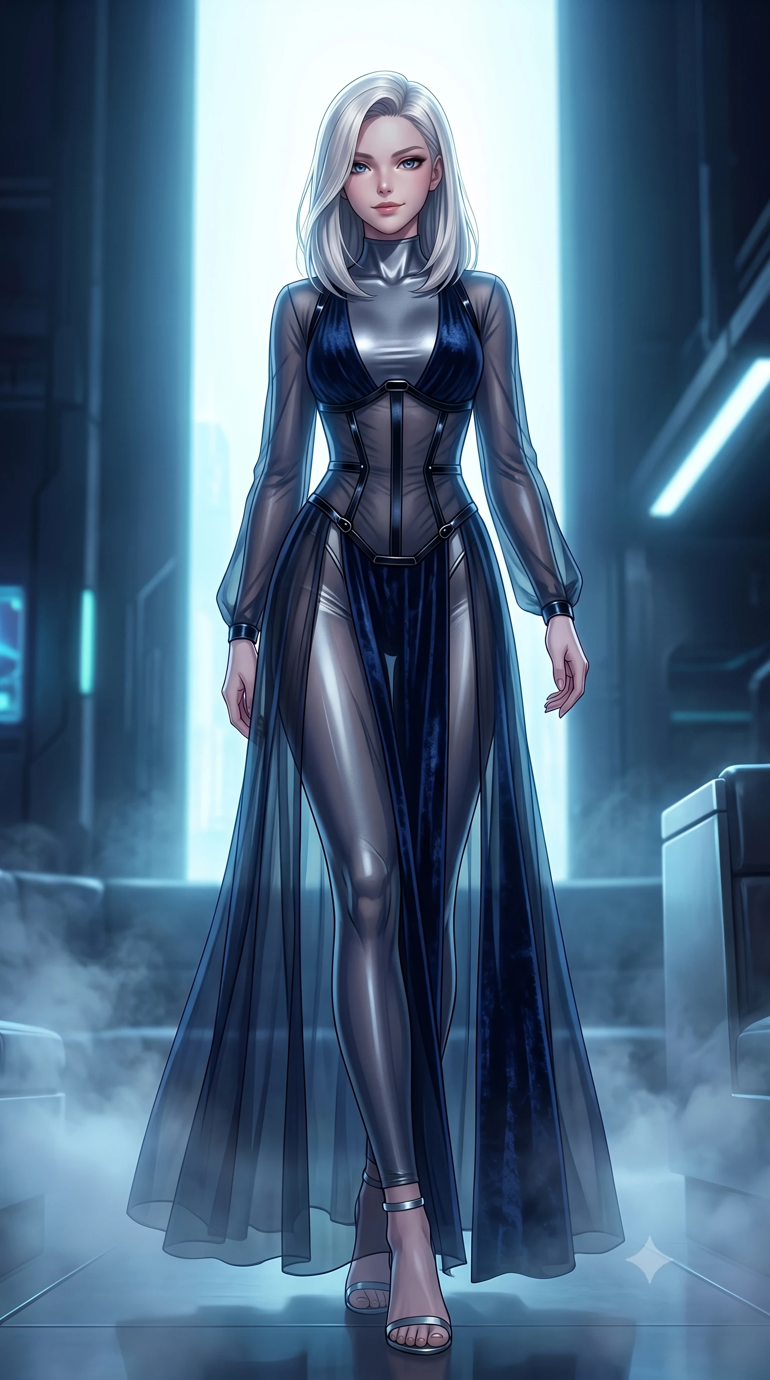 score_9, masterpiece, best quality, ultra-detailed, high-budget anime keyframe, editorial fashion photography, tasteful artistic composition, Caucasian woman. low angle full-body shot from head to toe showing her feet, filling the entire 9:16 vertical frame with her statuesque presence, stretching her vertical silhouette. forging confidently through the floating mist, holding a poised statuesque stance, looking back over her shoulder with an enigmatic half-smile in a cyber lounge, sculpted athletic form contoured by a second-skin metallic bodysuit. She has an absolutely perfect, statuesque 8.5-heads proportion, an exceptionally tall and slender model-like female figure with impossibly long slender legs and an ultra-slim waist. sharp v-shaped jawline, high-bridge nose, intricate jewel-like eyes with depth, thick eyelashes, glossy lips with a natural sheen. wearing semi-opaque sheer dark chiffon gown revealing structured corset silhouette in midnight navy blue, made of crushed dark silk velvet, adorned with minimalist black onyx hardware framing the silhouette, contouring every curve with an exceptionally elegant silhouette. lit by intense digital key light piercing through deep cyber shadows. highly saturated vibrant anime colors, detailed shading with soft gradients, rich glossy textures, high-contrast stereoscopic depth, volumetric dynamic lighting, master piece, 9:16 ratio