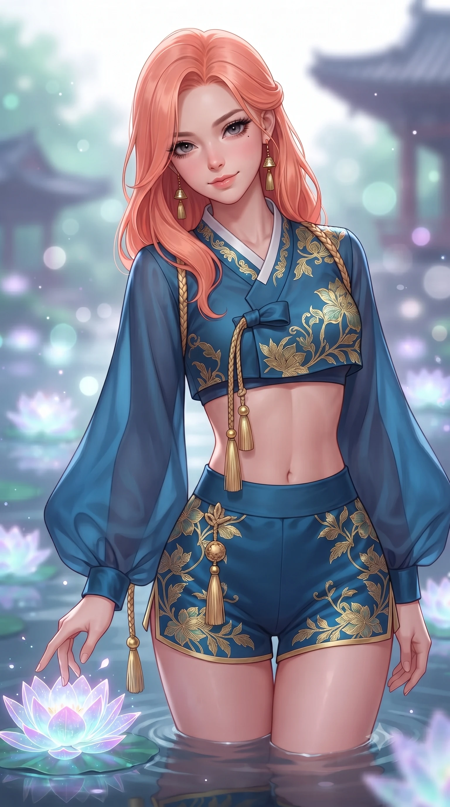 score_9, masterpiece, best quality, ultra-detailed, high-budget anime keyframe, editorial fashion photography, tasteful artistic composition, Japanese woman. close-up cowboy shot from the waist and thighs up, the character dominates the composition, filling the frame with her large presence. tilting her chin up with proud, sovereign confidence while gazing directly into the lens with thick, dark eyelashes while pivoting gracefully as floating holographic lotus blossoms drift across the water, touching one petal with a gentle smile. The composition keeps background elements in soft focus with creamy bokeh. glowing holographic lotus flowers and distant pagoda rooflines blurred into ethereal jade, violet, and silver-white bokeh. She has an exceptionally elegant, slender, and willowy female figure with an ultra-slim waist, a gracefully sculpted slender torso, toned flat midriff, and a refined slim silhouette. sharp v-shaped jawline, high-bridge nose, intricate jewel-like eyes with depth, thick eyelashes, glossy lips with a natural sheen, captivating and magnetic expression, flawlessly proportioned anatomical accuracy, strict slender model proportions, natural body alignment, perfectly sculpted long slender limbs, ultra-slim waistline, clean dynamic posture without body distortion. wearing a modern shortened cyber-hanbok crop top with wide billowing sleeves and high-waist silk shorts in deep azure blue and gold leaf embroidery, crafted from traditional Korean gossamer silk organza with pearlescent luster, accessorized with delicate gold bell tassels and braided silk cords, the precision-cut daring openings accentuating her delicate midriff, graceful bare collarbones, and ultra-slim feminine waistline. illuminated by gentle ambient water bounce light defining her flawless features and slender waist. ultra-reflective glossy finish, specular highlights, rich textural contrasts, high-contrast stereoscopic depth, volumetric dynamic lighting, 2k, ultra detail, master piece, 9:16 ratio