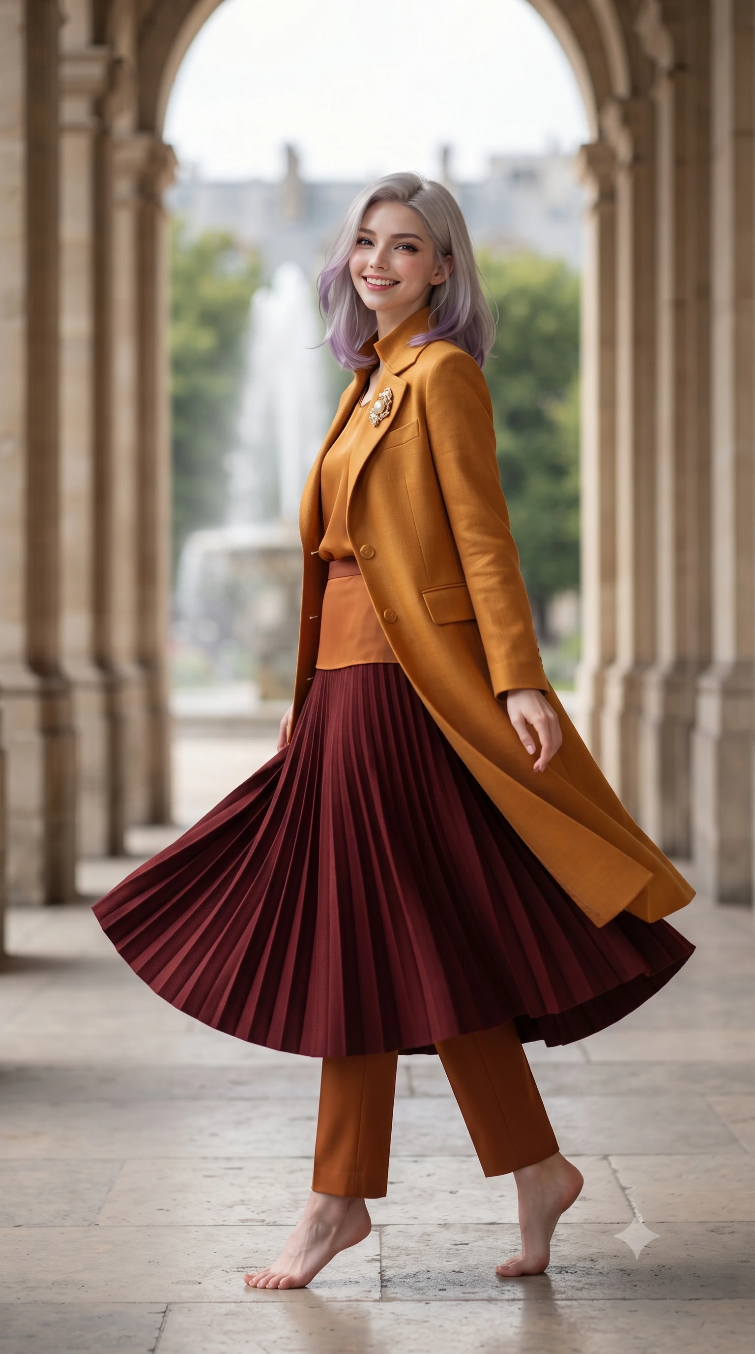 score_9, masterpiece, best quality, ultra-detailed, high-budget anime keyframe, editorial fashion photography, tasteful artistic composition, Caucasian woman. low angle full-body shot from head to toe showing her feet, filling the entire 9:16 vertical frame with her statuesque presence, stretching her vertical silhouette. executing an elegant pivot turn as the hem of her pleated wool skirt sways rhythmically, glancing back with joyful radiance while walking gracefully down the rhythmic perspective of the double-columned classical arcade, smiling brightly toward the camera. The background shows a soft-focus central palace fountain spray softened in serene 17th-century Parisian garden shallow focus. She has an exceptionally tall and slender model-like 8.5-heads proportion, an ultra-slim waist, a flat toned midriff, narrow delicate ribcage, and beautifully sculpted feminine hips creating a graceful, slim hourglass silhouette without any bulky heaviness, with impossibly long slender legs. sharp v-shaped jawline, high-bridge nose, intricate jewel-like sparkling eyes with depth, thick eyelashes, glossy parted lips with a natural peach sheen, bright cheerful beaming smile with an enchanting and coquettish sensual glint, exuding both youthful cute charm and seductive allure, flawlessly proportioned anatomical accuracy, strict slender model proportions, natural body alignment, perfectly sculpted long slender limbs, ultra-slim waistline, clean dynamic posture without body distortion. wearing a stand-collar tailored linen-silk coat layered over a minimalist silk tunic and straight-leg pressed trousers in rich Oxford burgundy and golden amber, crafted from ultra-soft Mongolian cashmere with exquisite insulating warmth and tactile softness, complemented by an antique baroque pearl brooch pinned tastefully on the lapel, the bespoke architectural tailoring hugging her natural waistline with sartorial precision, creating a clean graceful hourglass silhouette with tall model elegance. bathed in rhythmic alternating pools of bright autumn afternoon sun and soft shaded stone arcade ambient light. ultra-reflective glossy finish, specular highlights, rich textural contrasts, high-contrast stereoscopic depth, volumetric dynamic lighting, 2k, ultra detail, master piece, 9:16 ratio